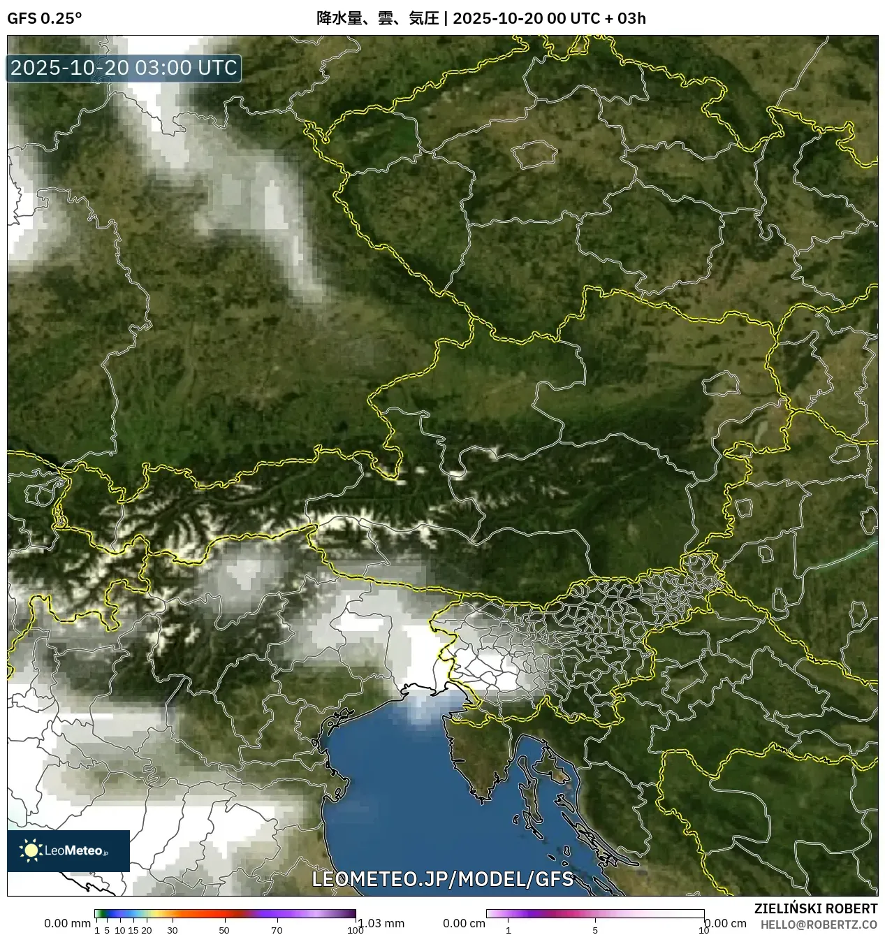 GFS model - オーストリア, 降水量、雲、気圧 GFS model - オーストリア, 降水量、雲、気圧