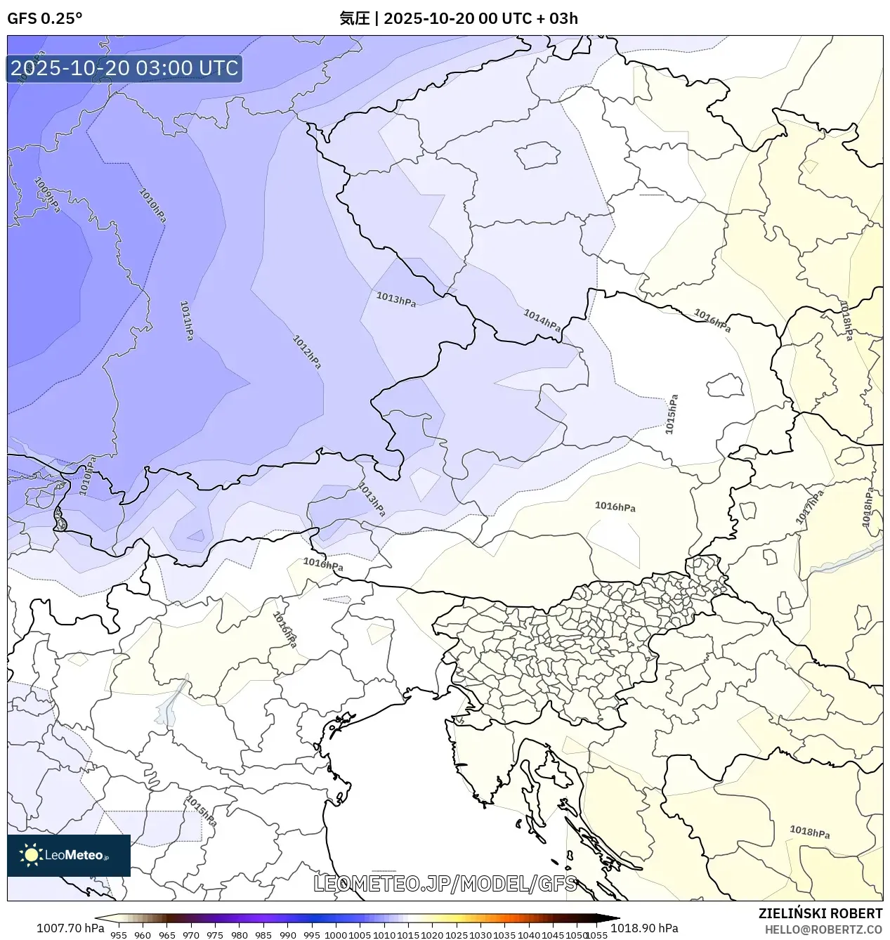 GFS model - オーストリア, 気圧 GFS model - オーストリア, 気圧