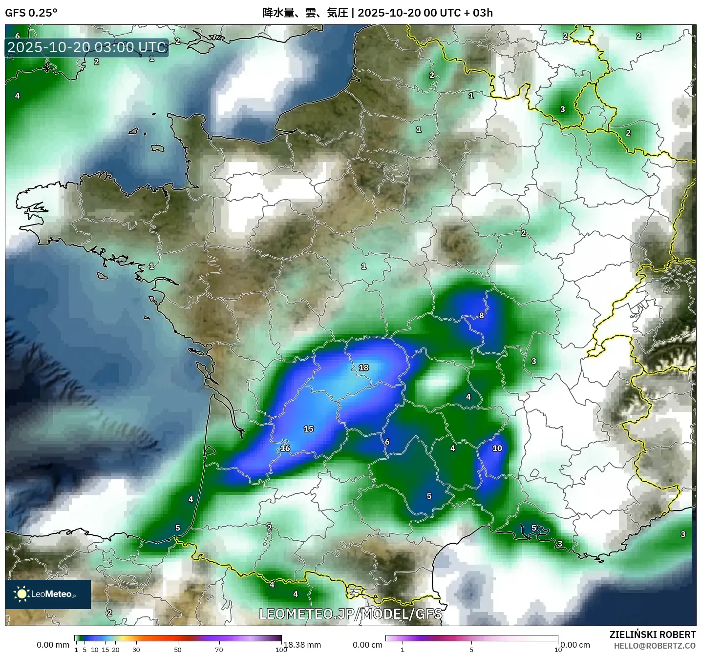 GFS model - フランス, 降水量、雲、気圧 GFS model - フランス, 降水量、雲、気圧