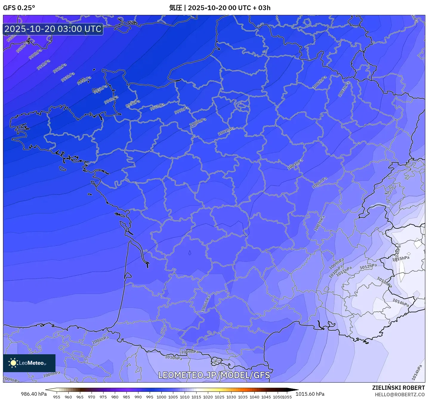 GFS model - フランス, 気圧 GFS model - フランス, 気圧