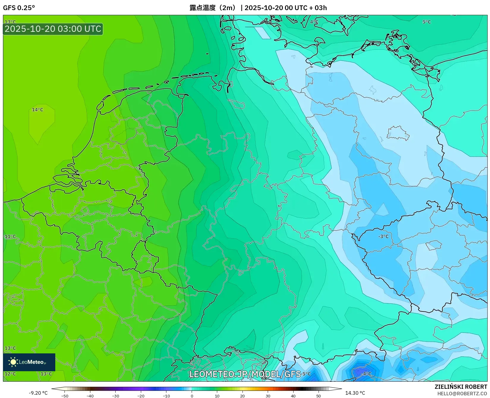 GFS model - ドイツ, 露点温度(2m) GFS model - ドイツ, 露点温度(2m)