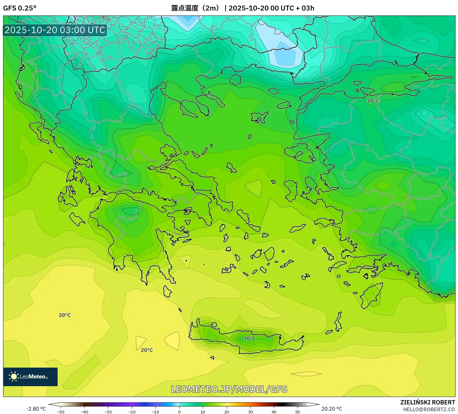 GFS model - ギリシャ, 露点温度(2m) GFS model - ギリシャ, 露点温度(2m)