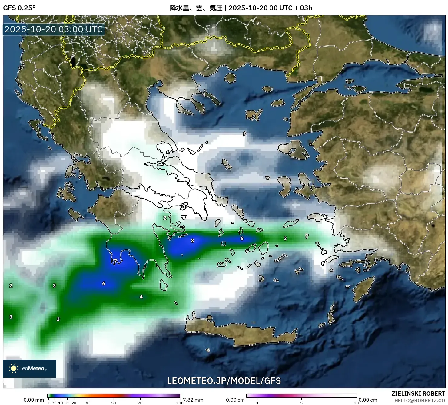 GFS model - ギリシャ, 降水量、雲、気圧 GFS model - ギリシャ, 降水量、雲、気圧