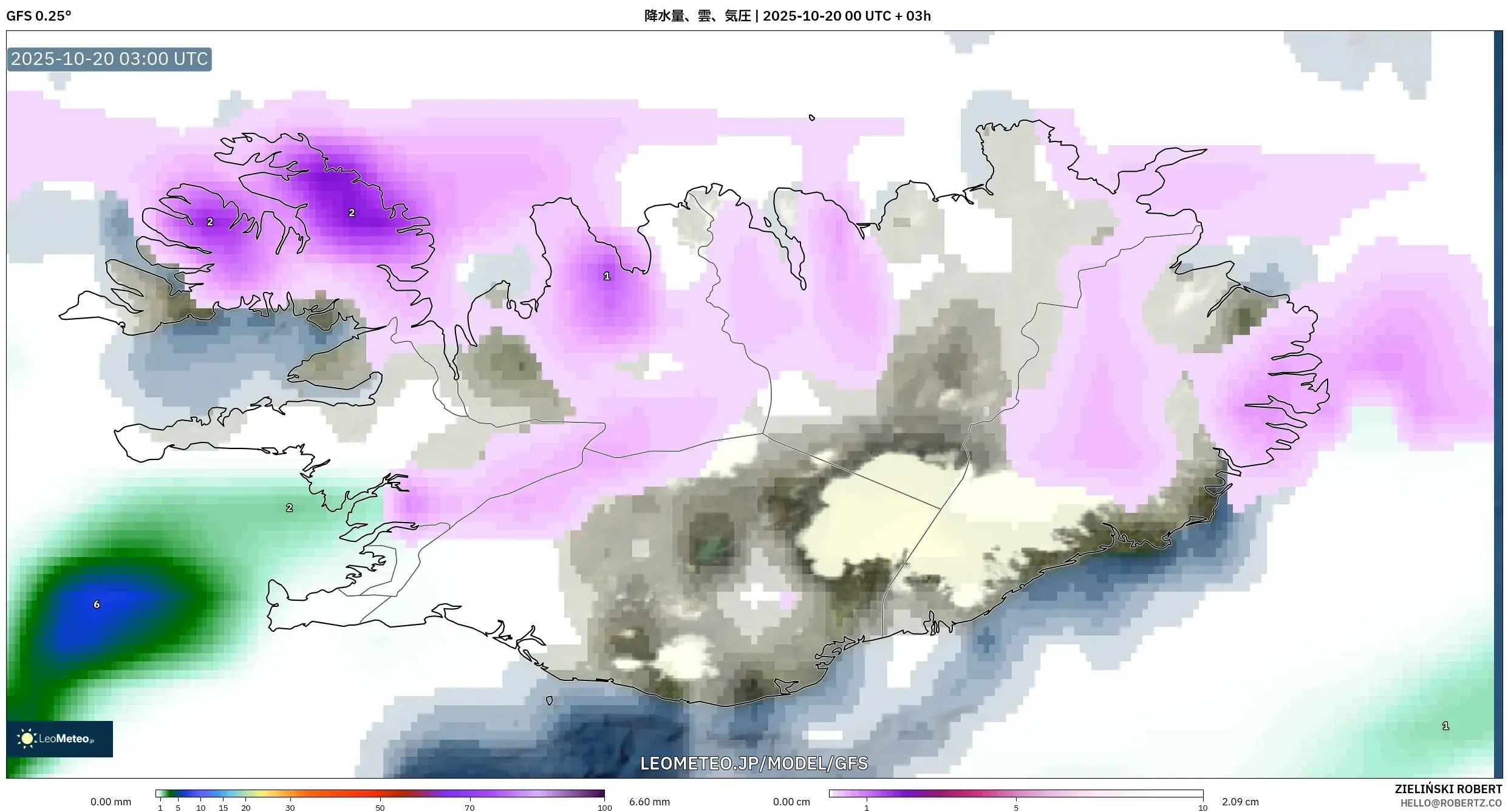 GFS model - アイスランド, 降水量、雲、気圧 GFS model - アイスランド, 降水量、雲、気圧