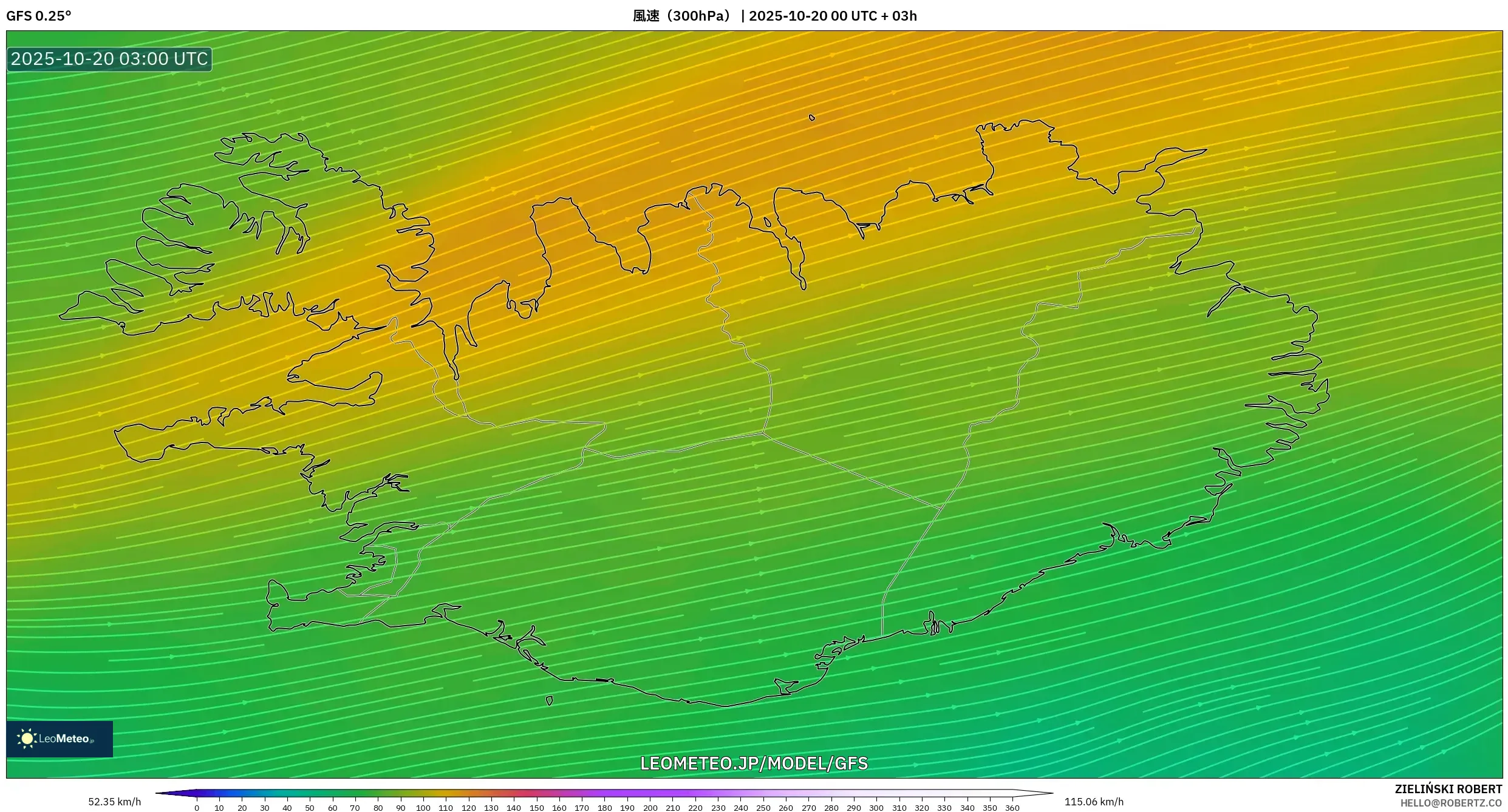 GFS model - アイスランド, 風速(300hPa) GFS model - アイスランド, 風速(300hPa)