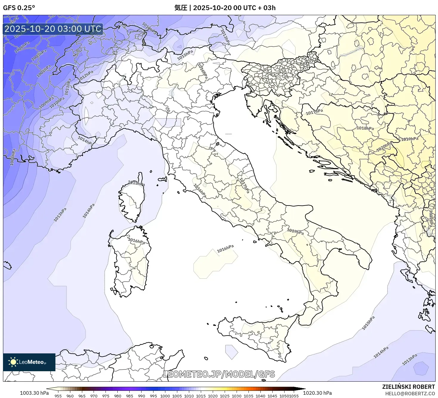 GFS model - イタリア, 気圧 GFS model - イタリア, 気圧