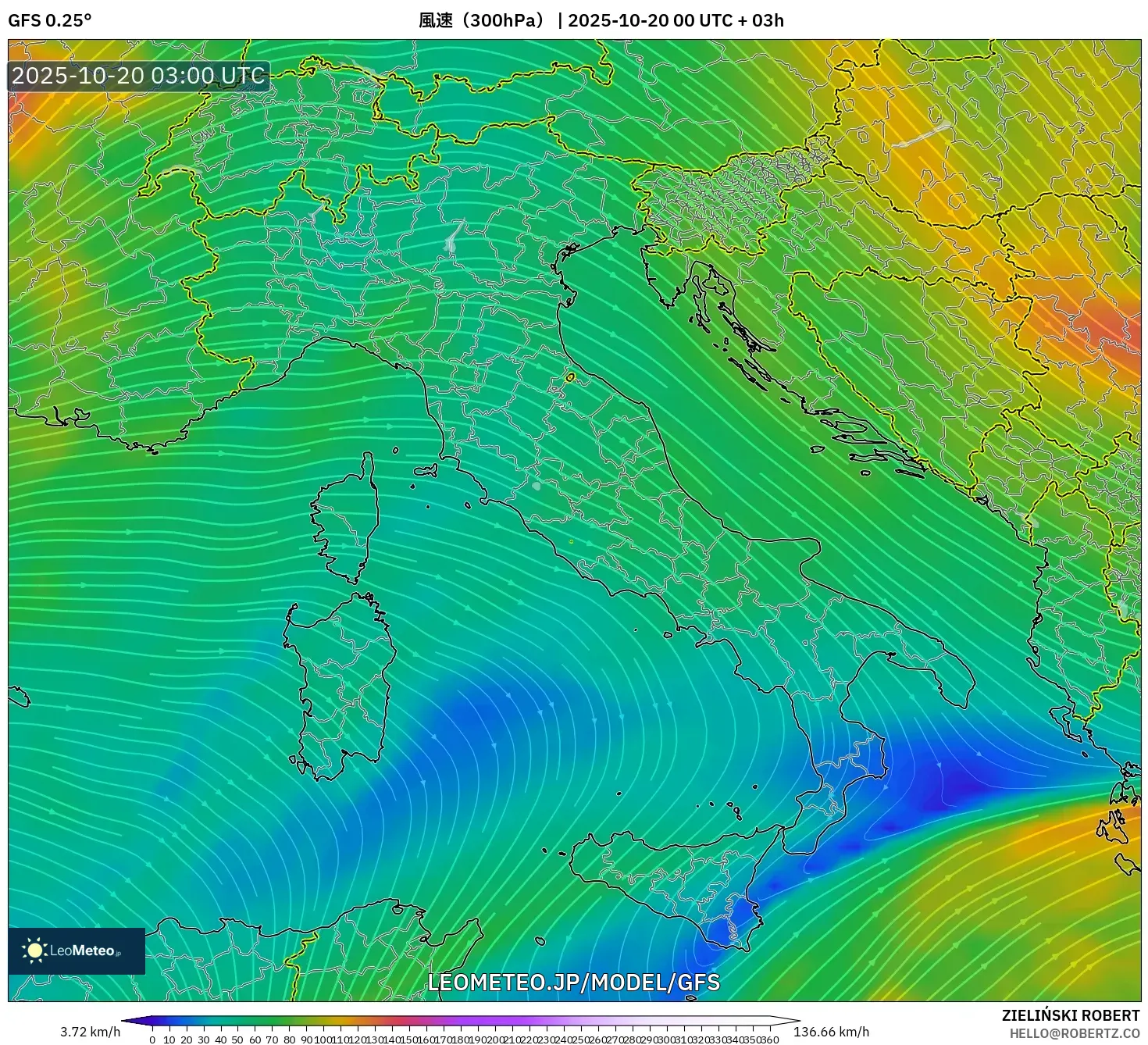 GFS model - イタリア, 風速(300hPa) GFS model - イタリア, 風速(300hPa)