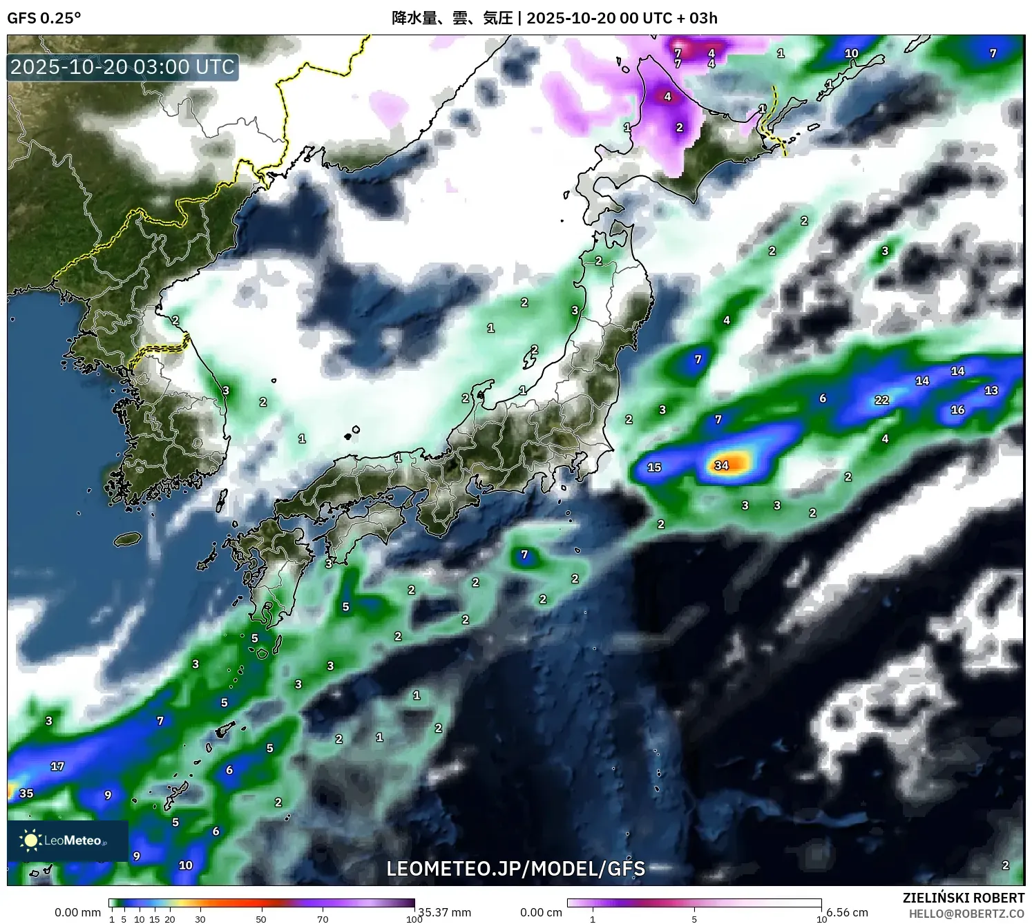 GFS model - 日本, 降水量、雲、気圧 GFS model - 日本, 降水量、雲、気圧