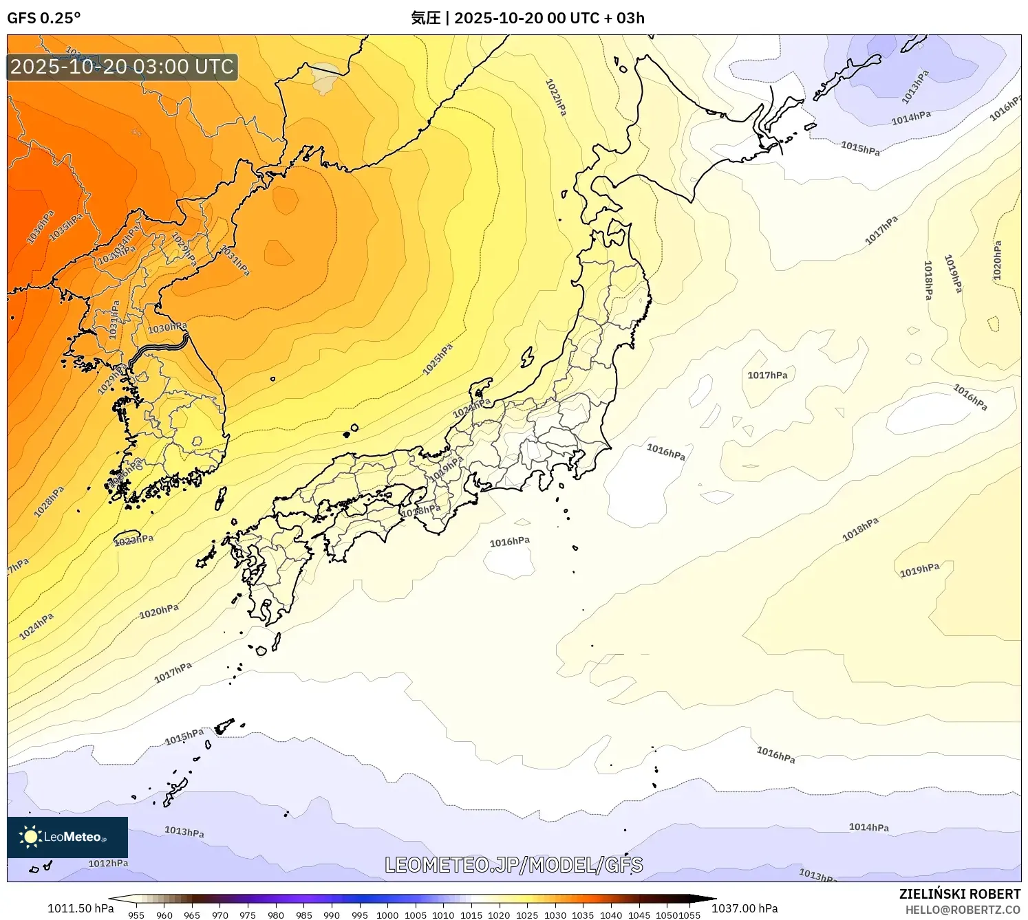 GFS model - 日本, 気圧 GFS model - 日本, 気圧