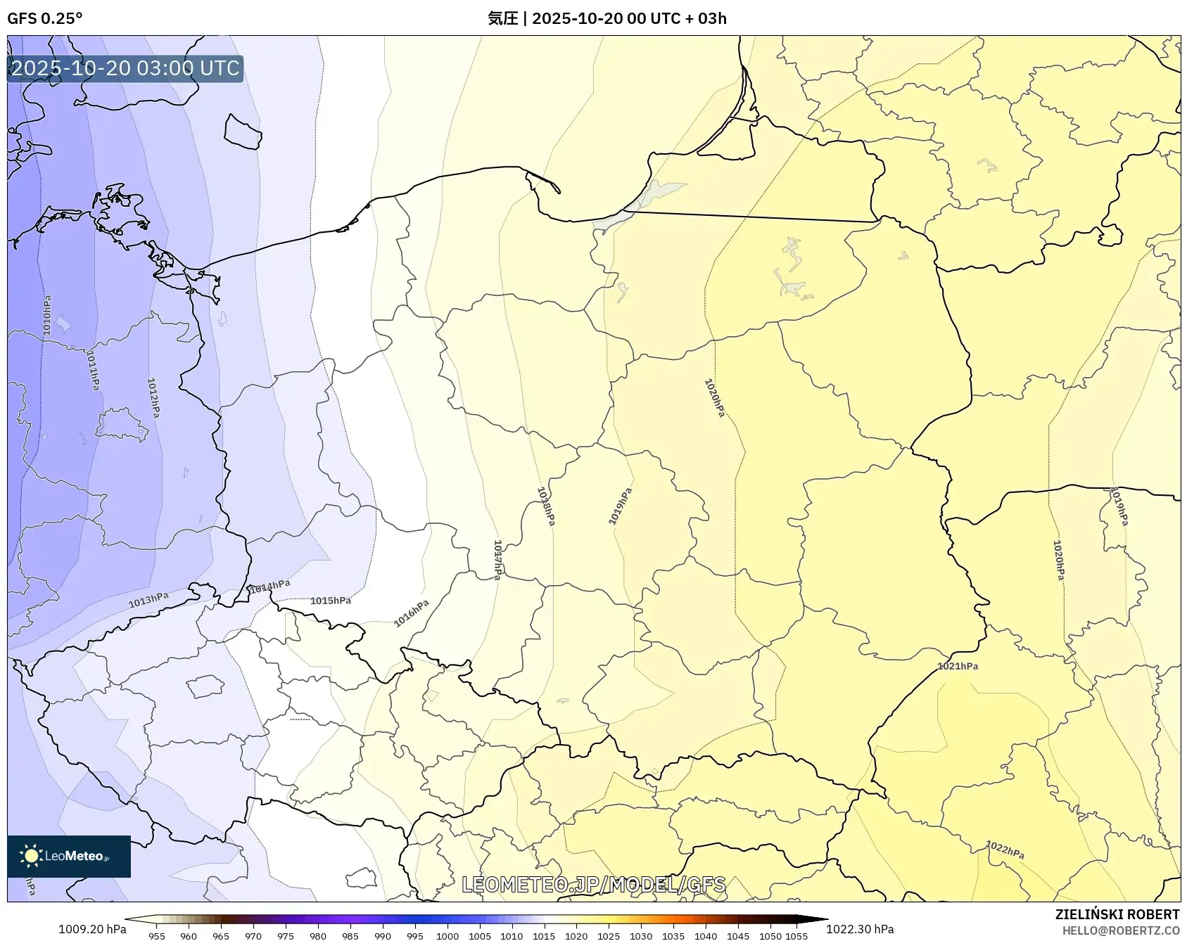 GFS model - ポーランド, 気圧 GFS model - ポーランド, 気圧