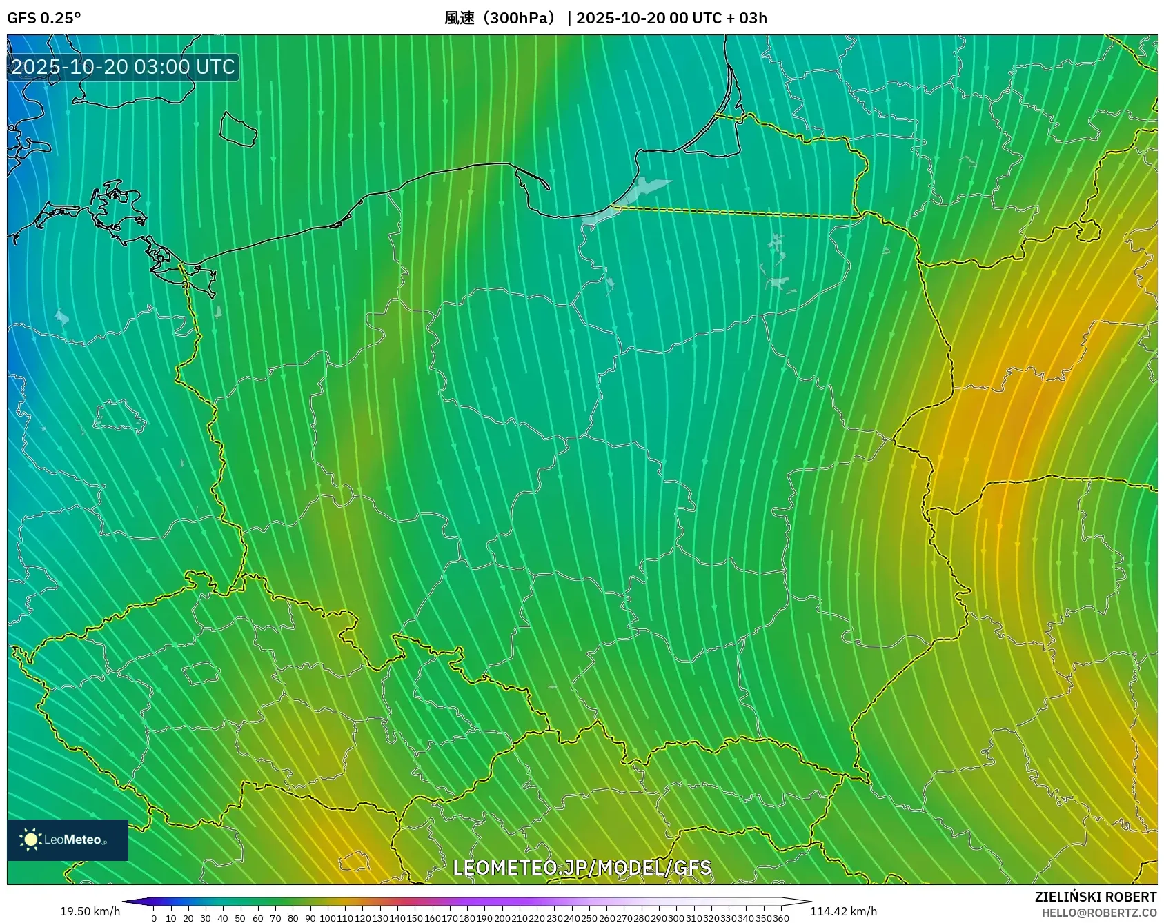 GFS model - ポーランド, 風速(300hPa) GFS model - ポーランド, 風速(300hPa)