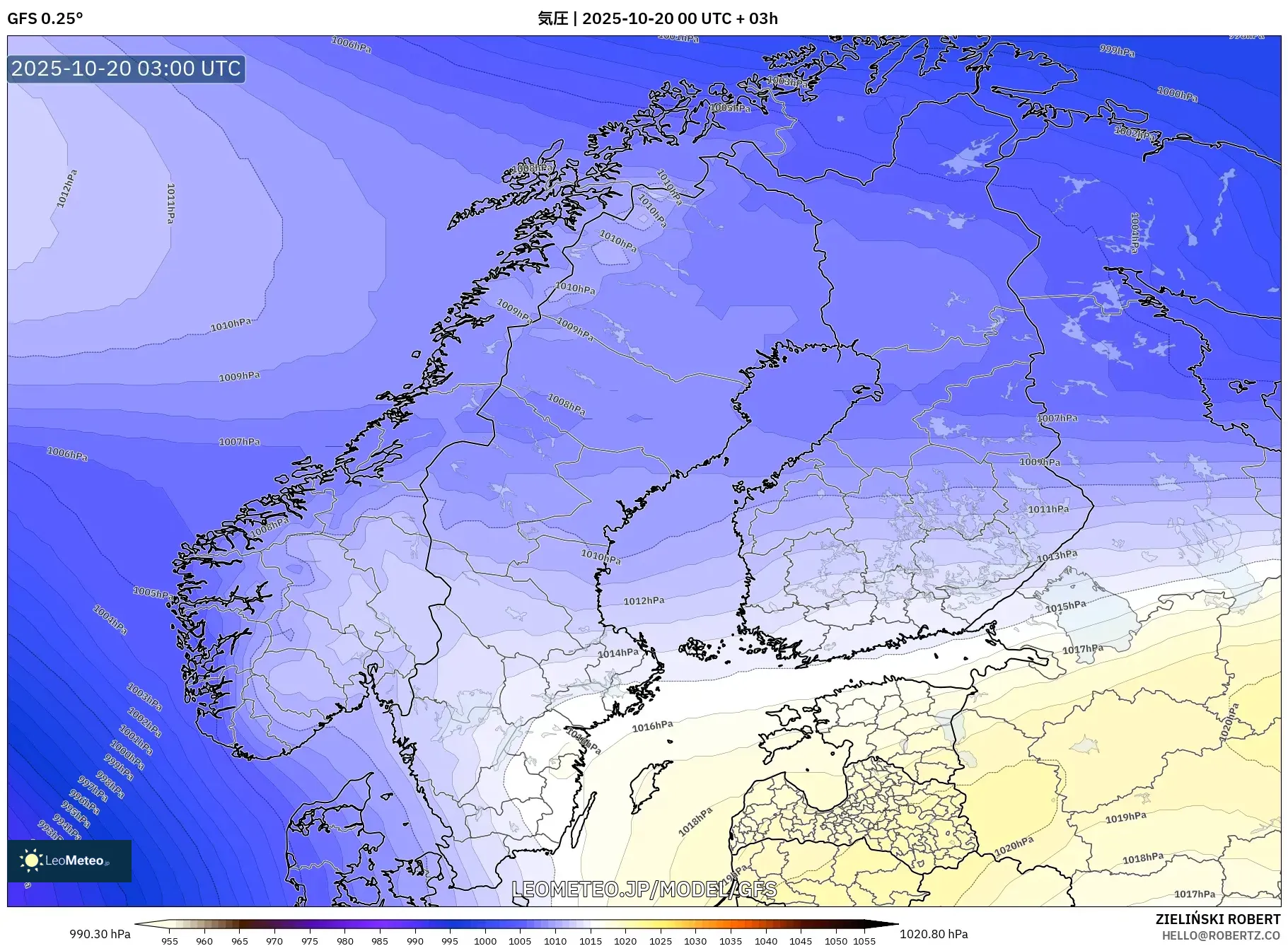 GFS model - スカンジナビア, 気圧 GFS model - スカンジナビア, 気圧