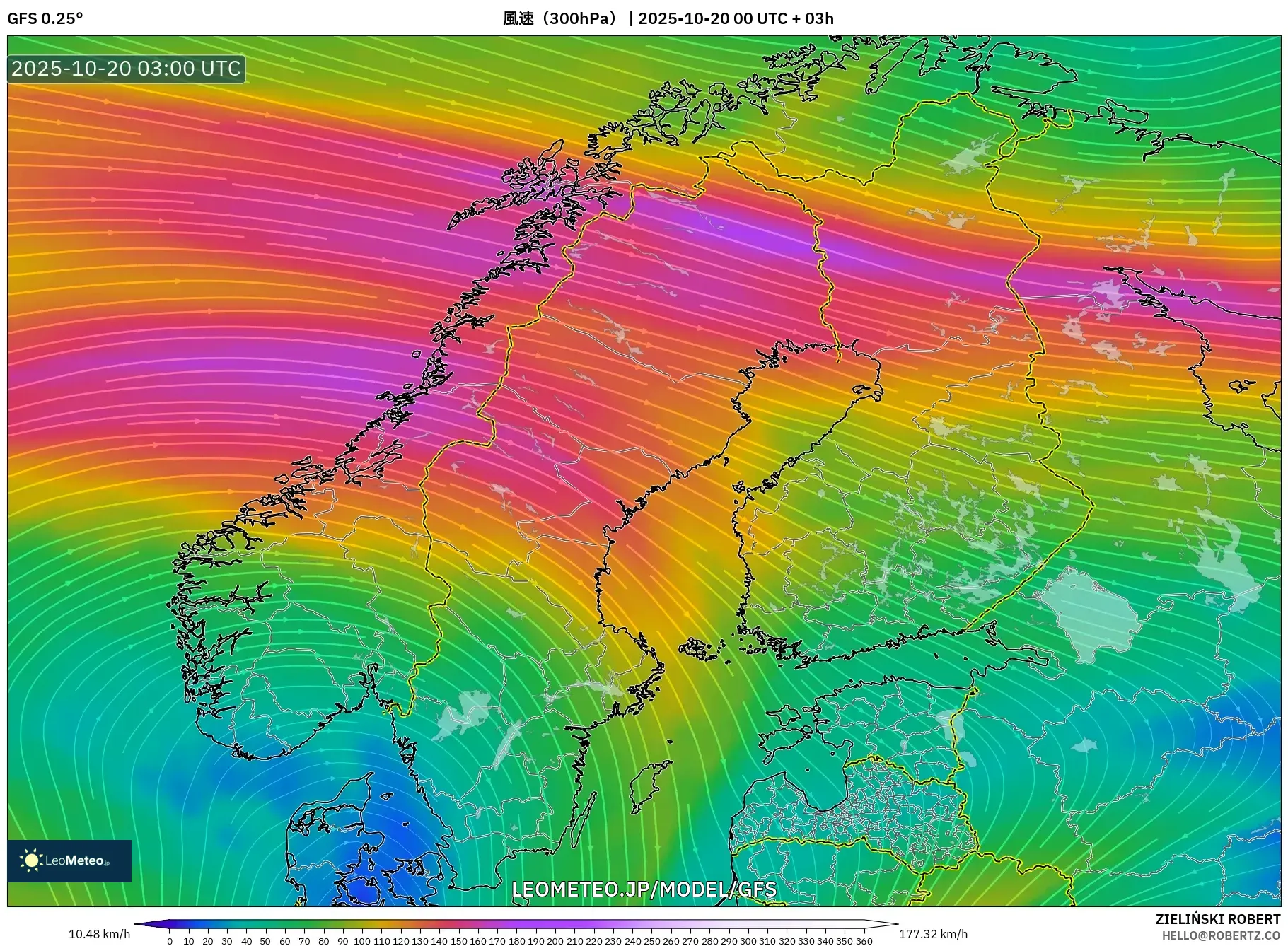 GFS model - スカンジナビア, 風速(300hPa) GFS model - スカンジナビア, 風速(300hPa)