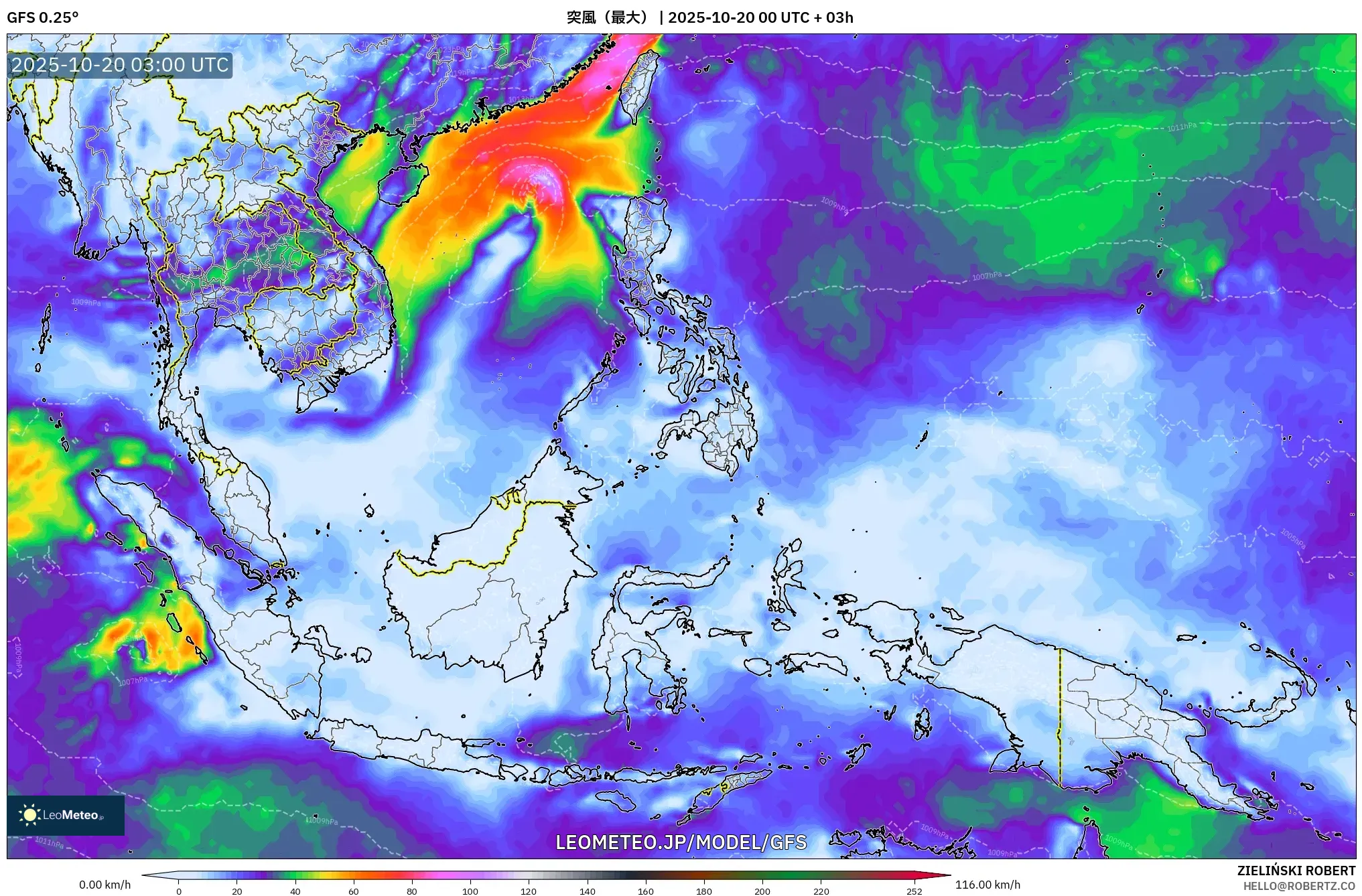 GFS model - 東南アジア, 突風(最大) GFS model - 東南アジア, 突風(最大)