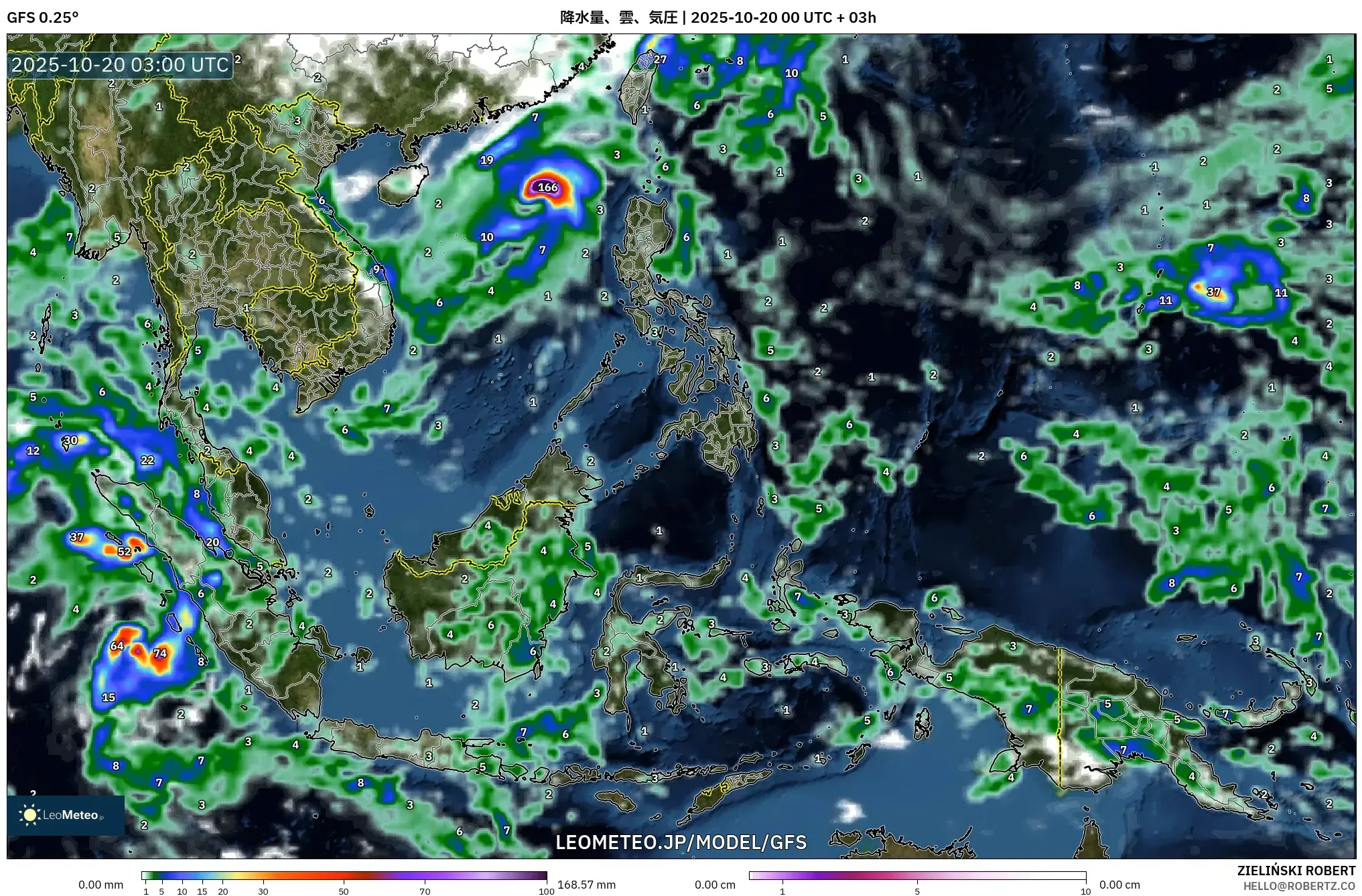 GFS model - 東南アジア, 降水量、雲、気圧 GFS model - 東南アジア, 降水量、雲、気圧