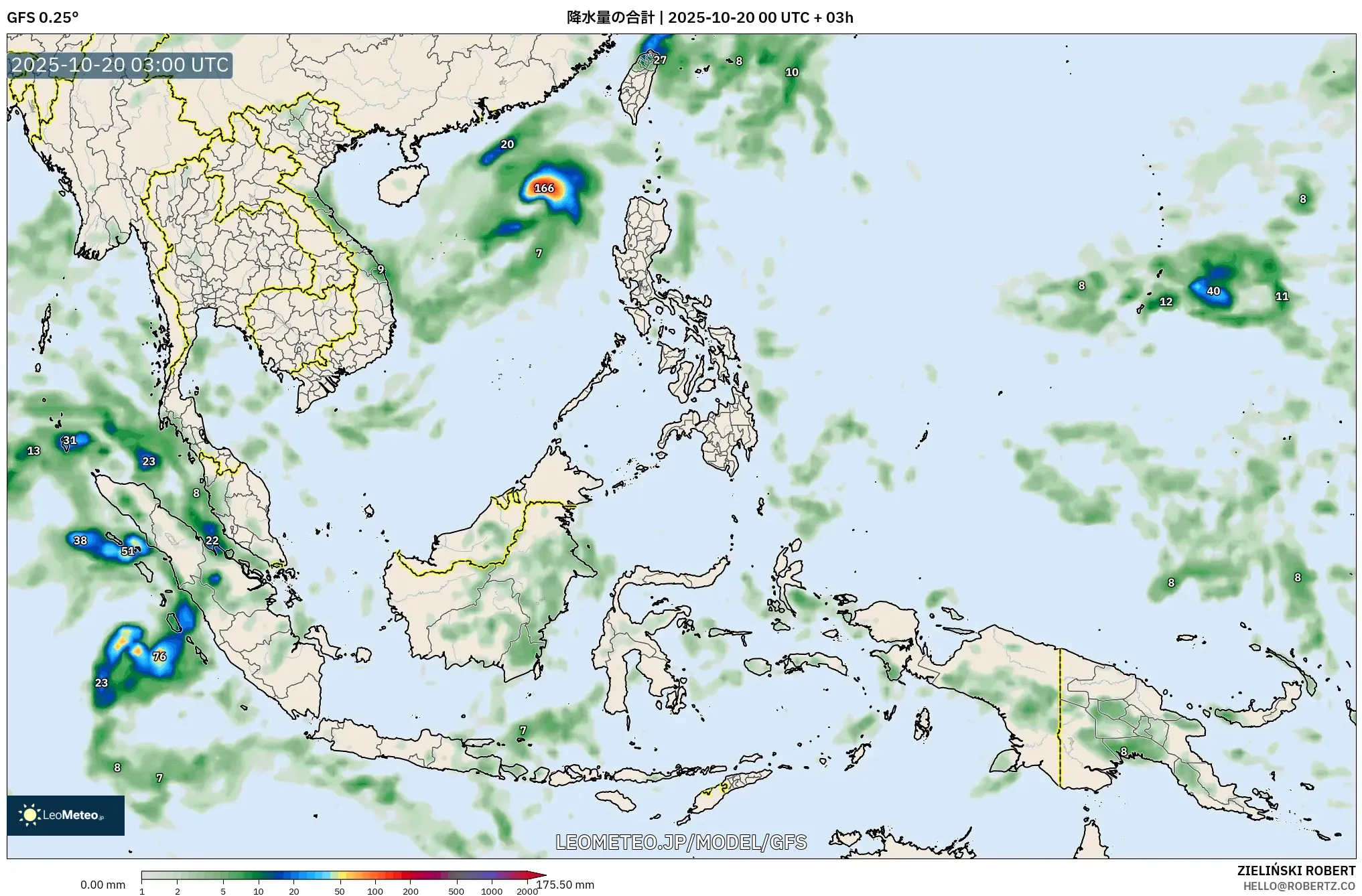 GFS model - 東南アジア, 降水量の合計 GFS model - 東南アジア, 降水量の合計