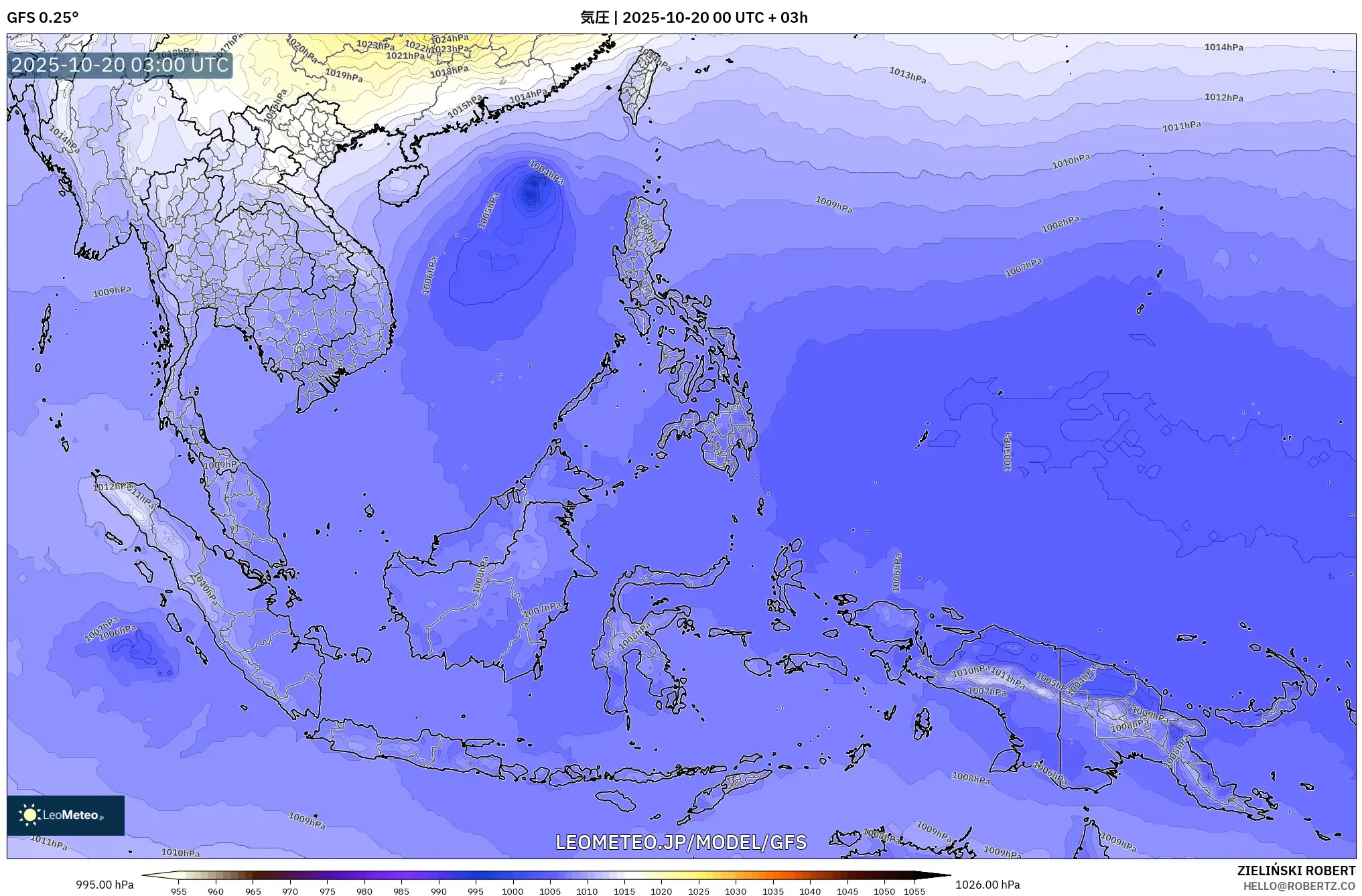 GFS model - 東南アジア, 気圧 GFS model - 東南アジア, 気圧