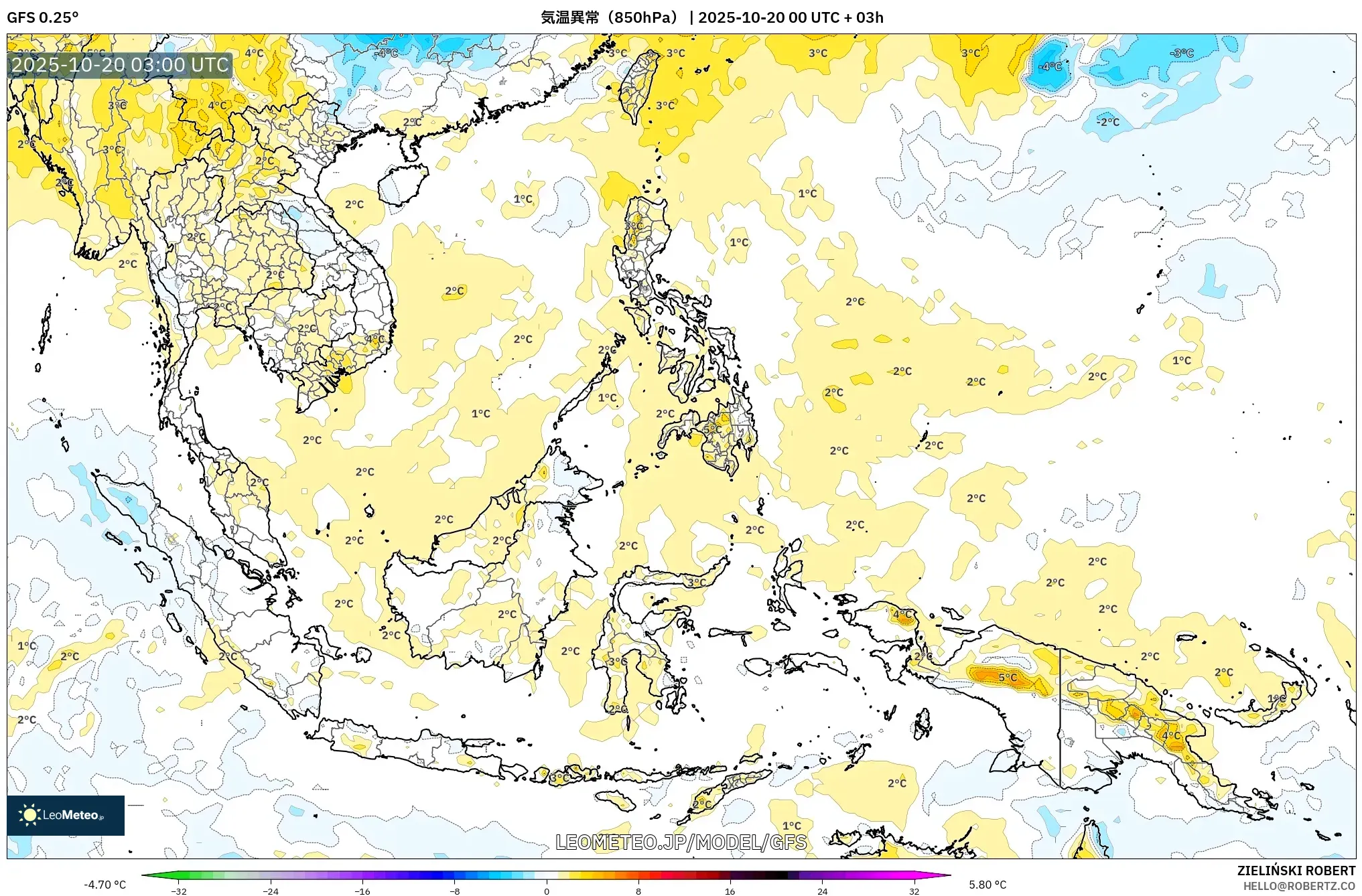 GFS model - 東南アジア, 気温異常(850hPa) GFS model - 東南アジア, 気温異常(850hPa)