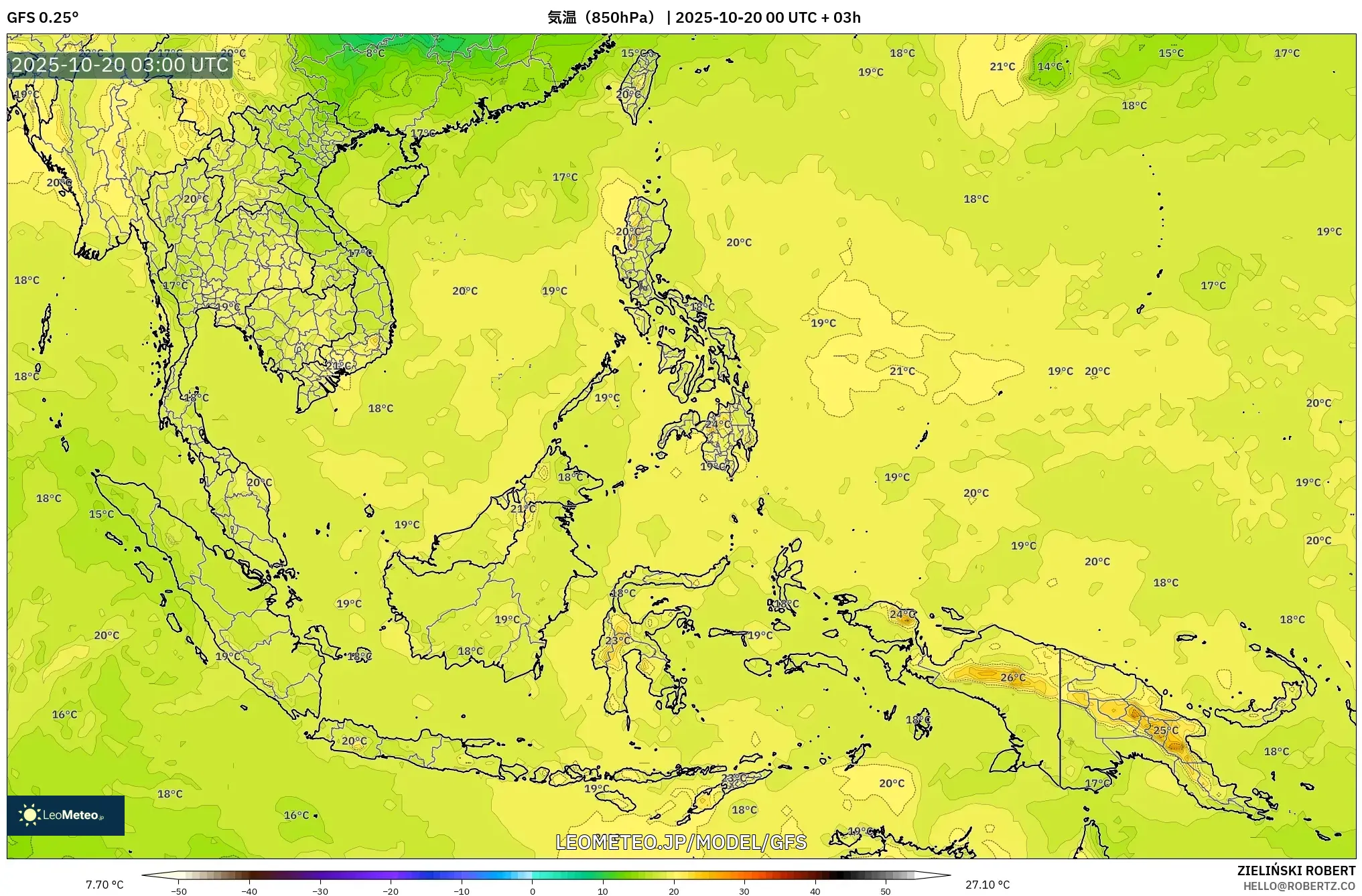 GFS model - 東南アジア, 気温(850hPa) GFS model - 東南アジア, 気温(850hPa)