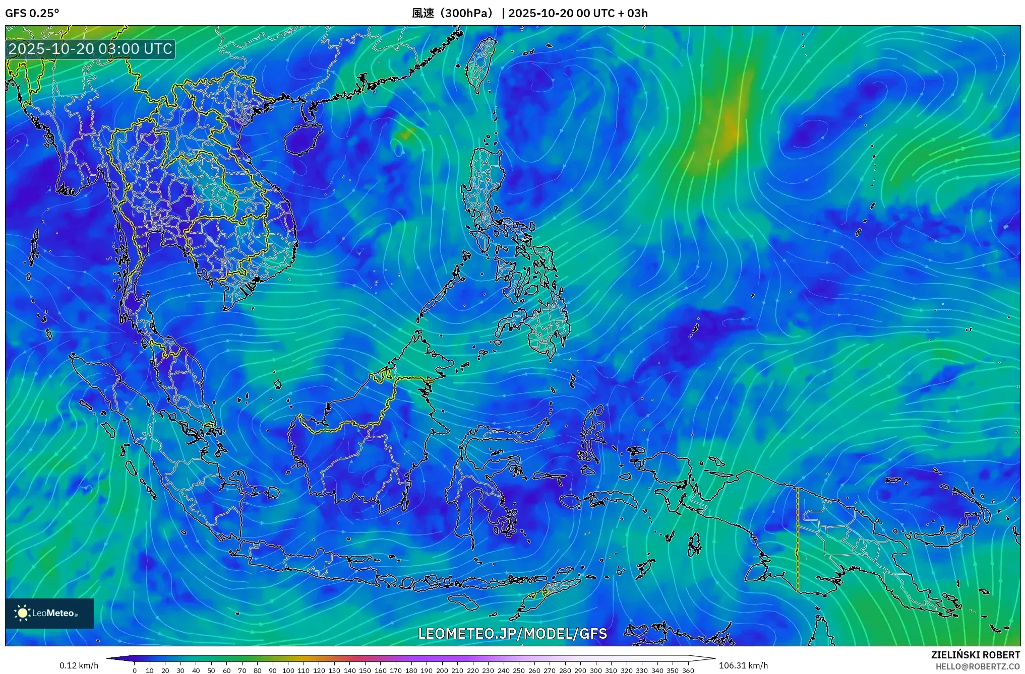 GFS model - 東南アジア, 風速(300hPa) GFS model - 東南アジア, 風速(300hPa)