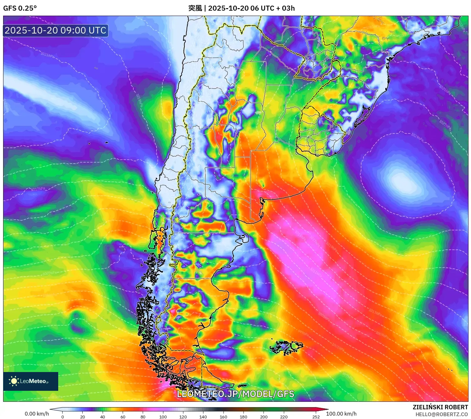GFS model - アルゼンチン, 突風 GFS model - アルゼンチン, 突風