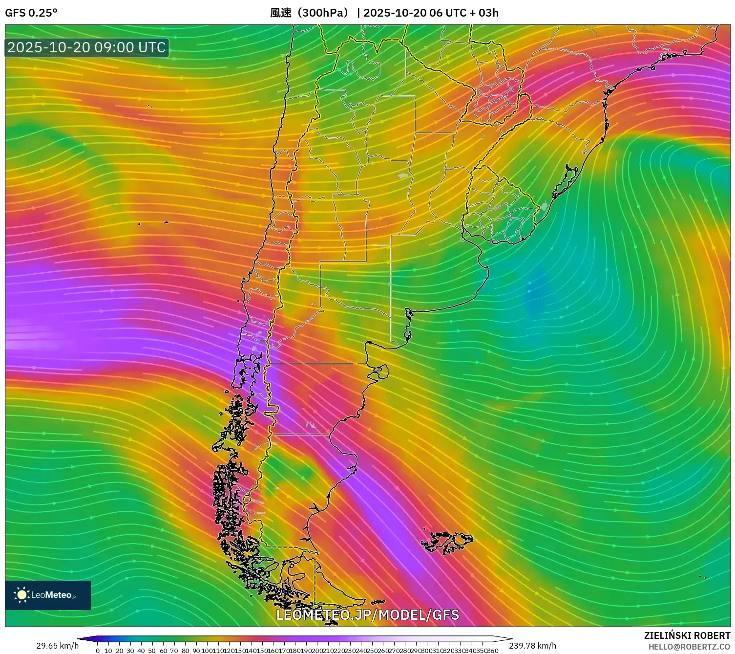 GFS model - アルゼンチン, 風速(300hPa) GFS model - アルゼンチン, 風速(300hPa)