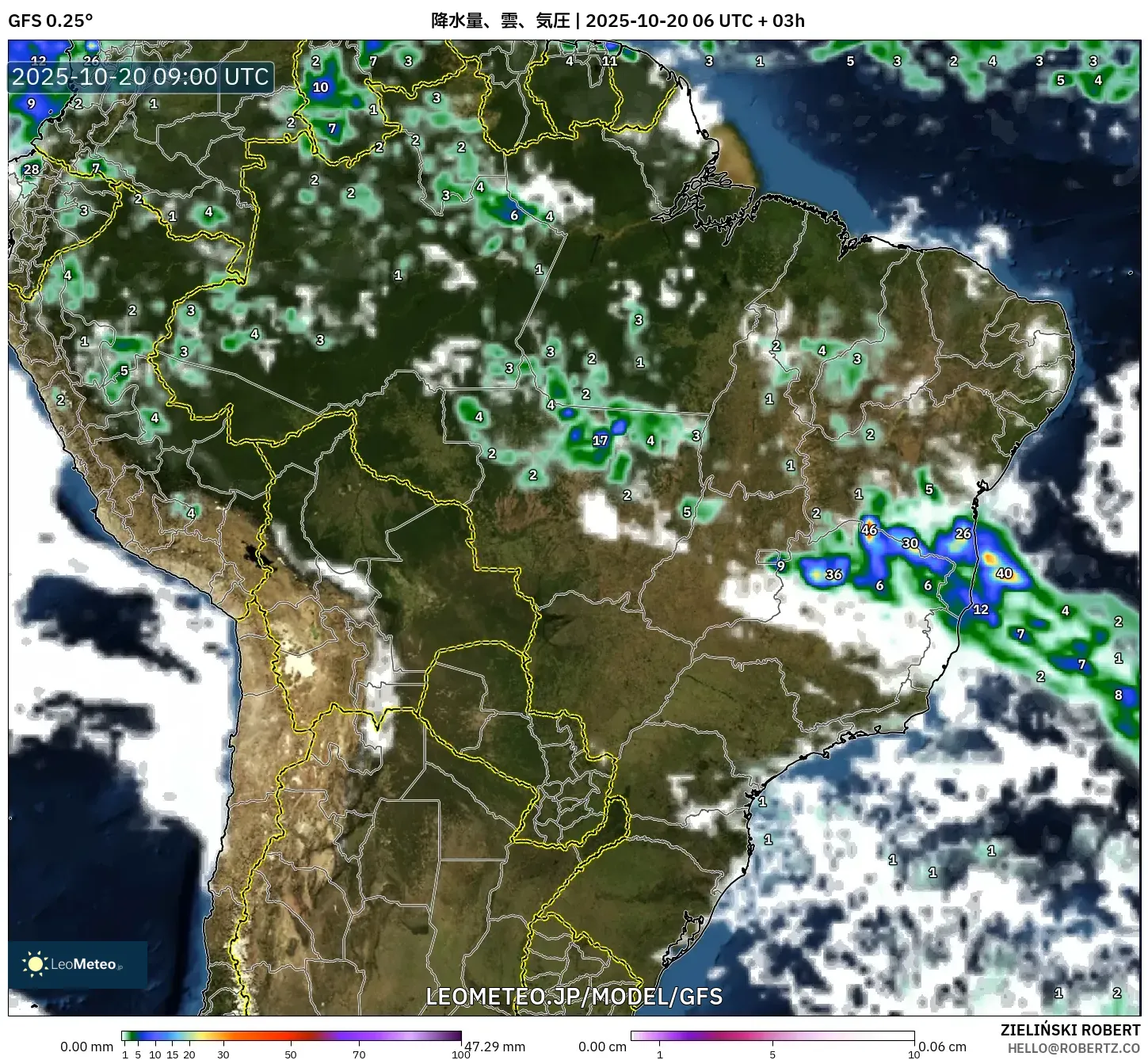 GFS model - ブラジル, 降水量、雲、気圧 GFS model - ブラジル, 降水量、雲、気圧