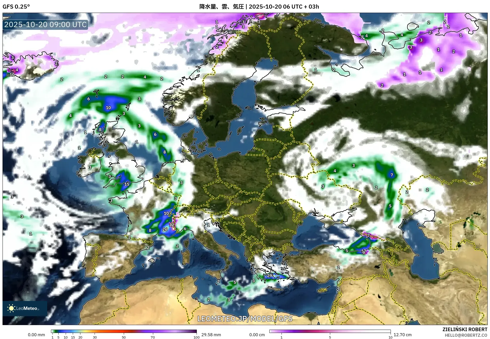 GFS model - ヨーロッパ, 降水量、雲、気圧 GFS model - ヨーロッパ, 降水量、雲、気圧