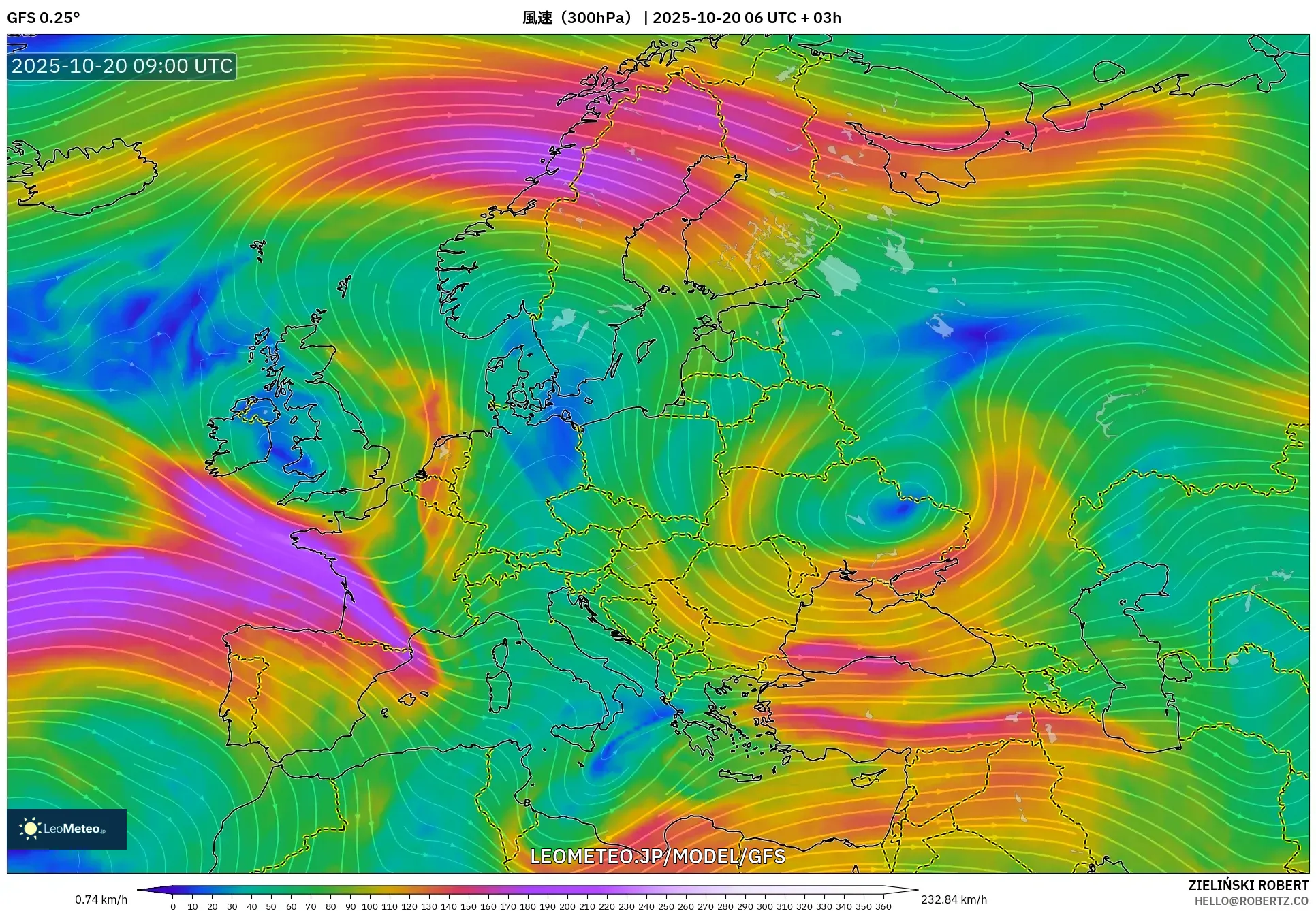 GFS model - ヨーロッパ, 風速(300hPa) GFS model - ヨーロッパ, 風速(300hPa)