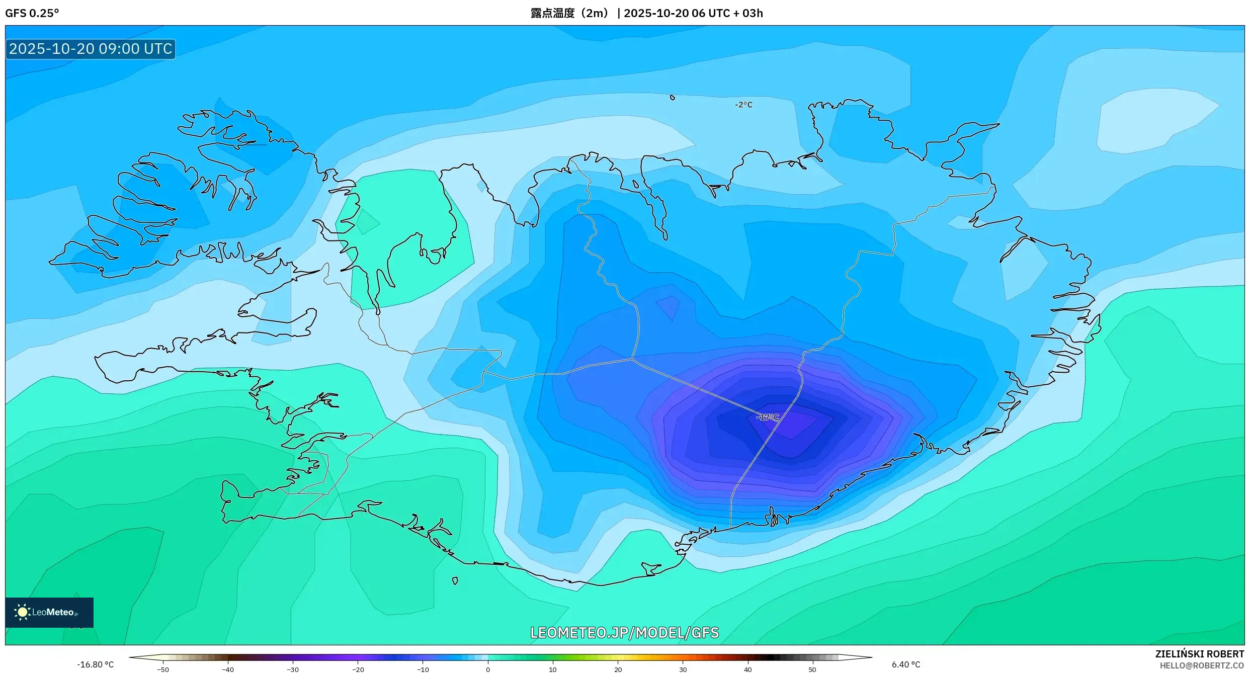 GFS model - アイスランド, 露点温度(2m) GFS model - アイスランド, 露点温度(2m)