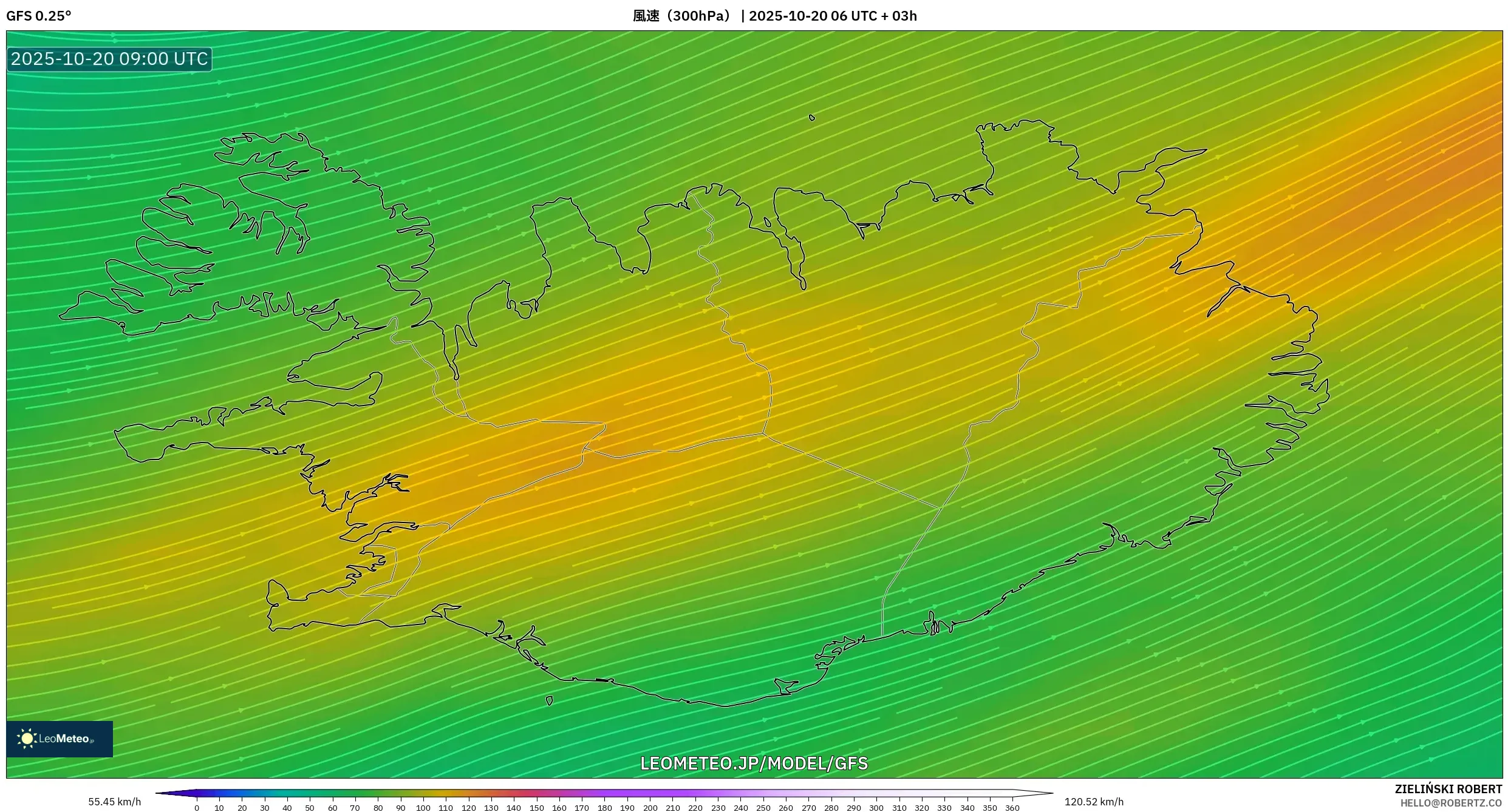 GFS model - アイスランド, 風速(300hPa) GFS model - アイスランド, 風速(300hPa)