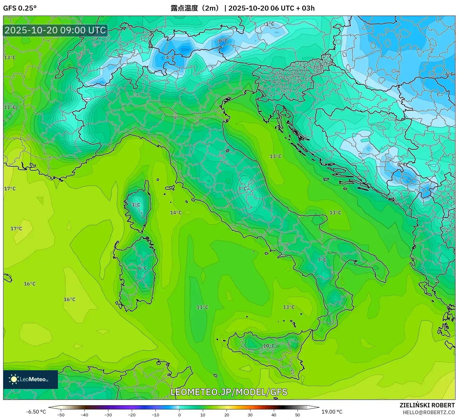 GFS model - イタリア, 露点温度(2m) GFS model - イタリア, 露点温度(2m)