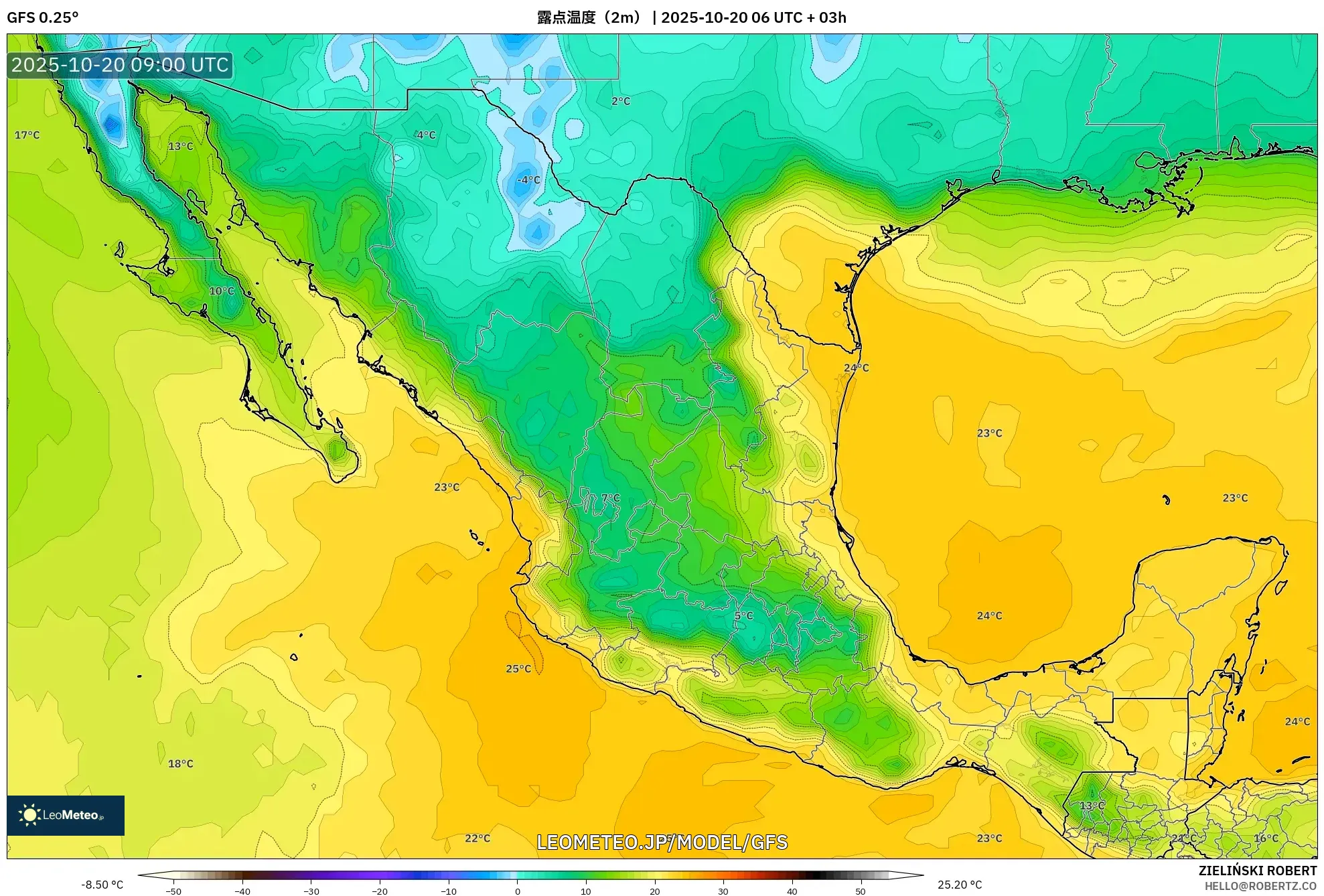 GFS model - メキシコ, 露点温度(2m) GFS model - メキシコ, 露点温度(2m)
