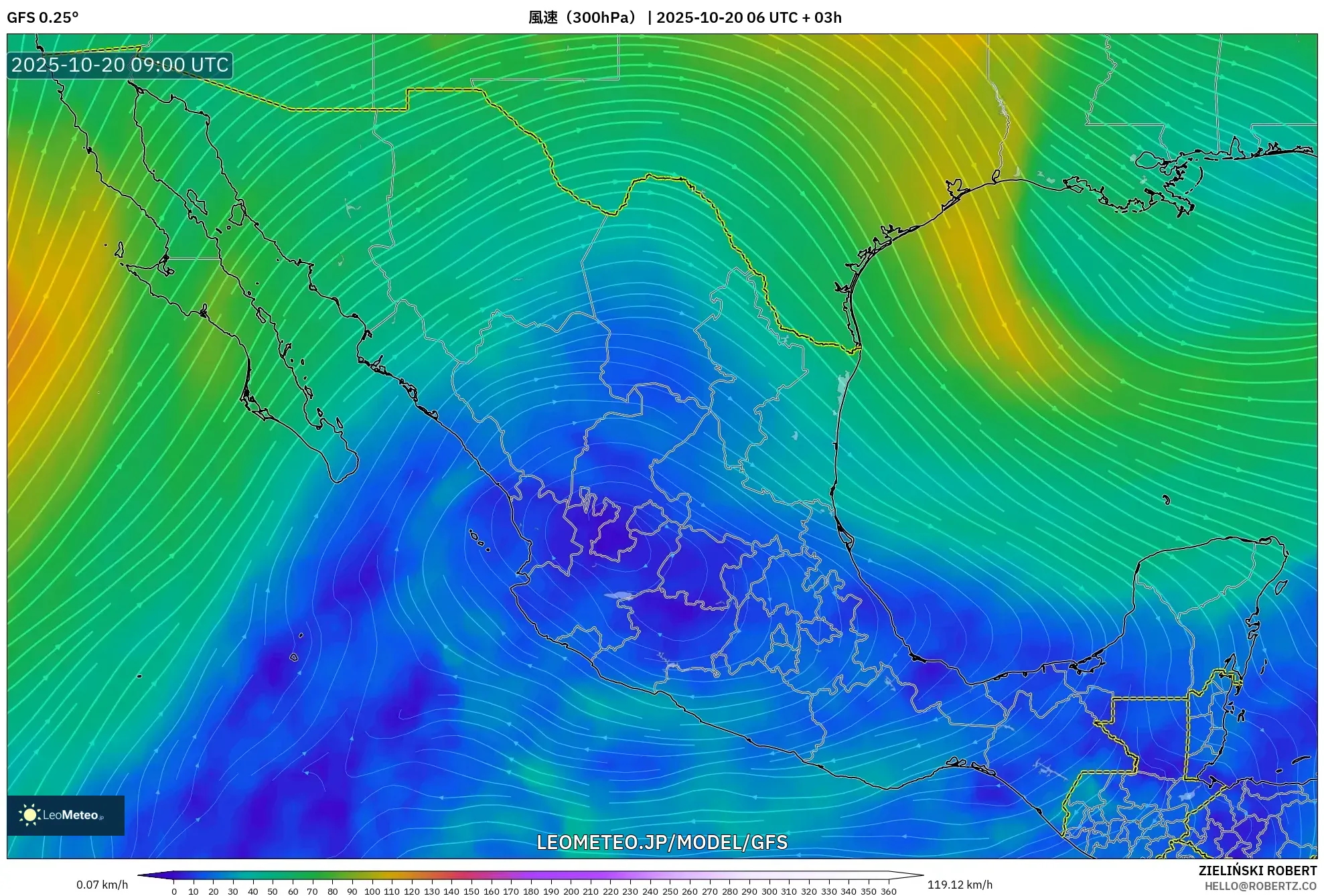 GFS model - メキシコ, 風速(300hPa) GFS model - メキシコ, 風速(300hPa)
