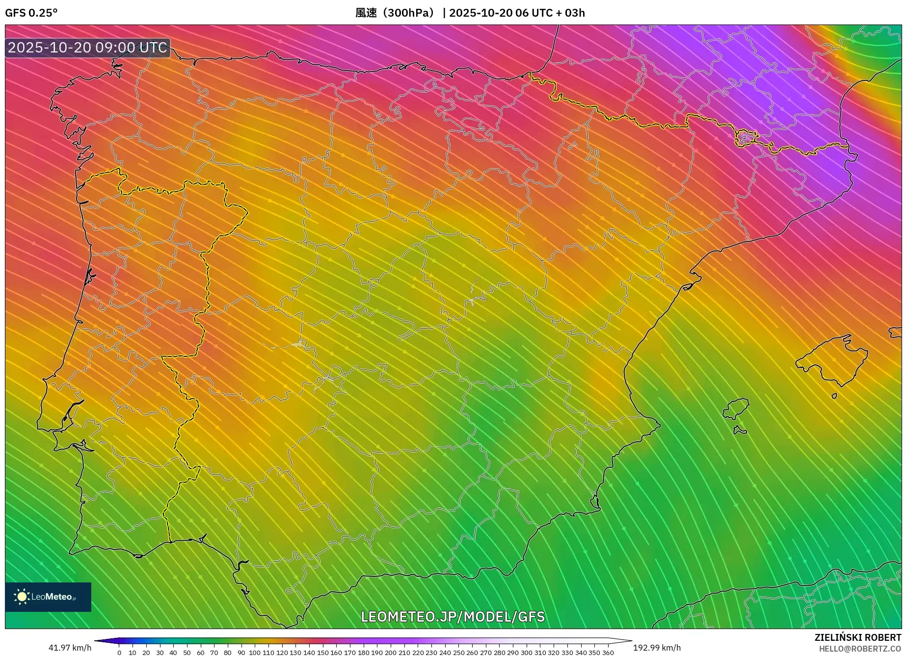 GFS model - スペイン, 風速(300hPa) GFS model - スペイン, 風速(300hPa)