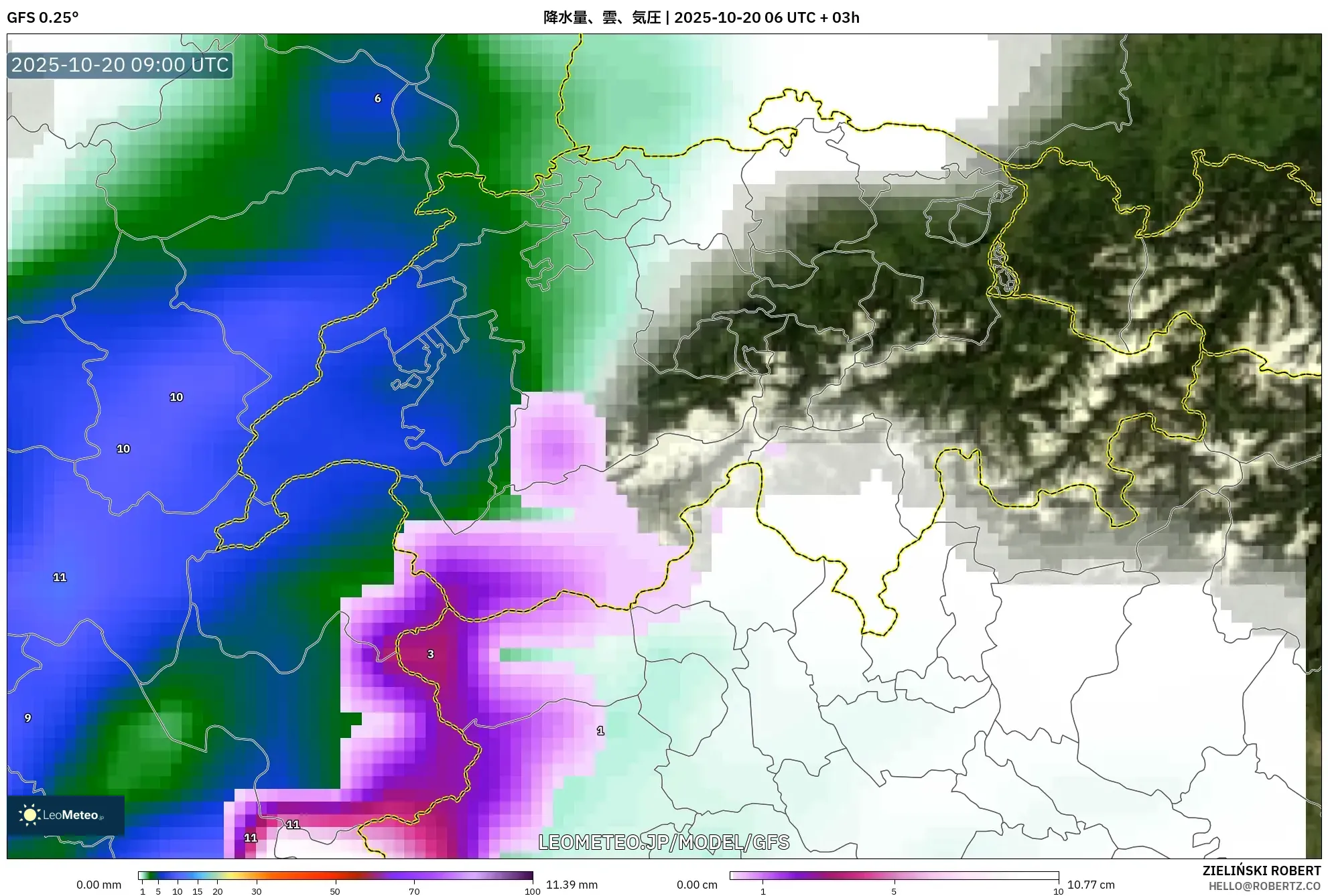 GFS model - スイス, 降水量、雲、気圧 GFS model - スイス, 降水量、雲、気圧