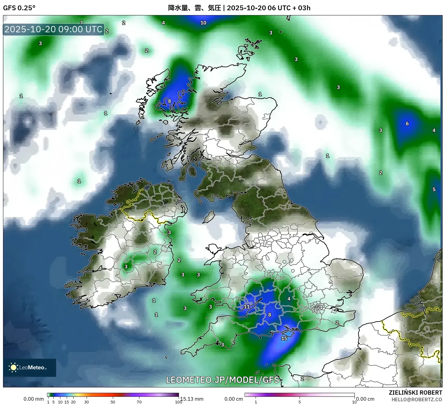 GFS model - イギリス, 降水量、雲、気圧 GFS model - イギリス, 降水量、雲、気圧
