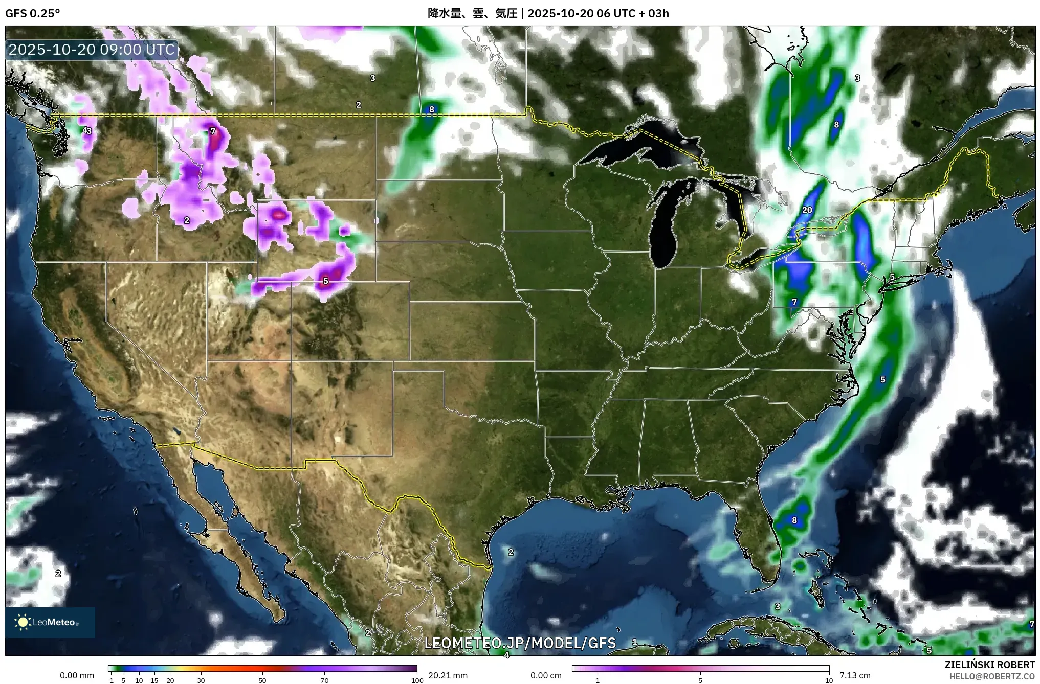 GFS model - アメリカ合衆国, 降水量、雲、気圧 GFS model - アメリカ合衆国, 降水量、雲、気圧