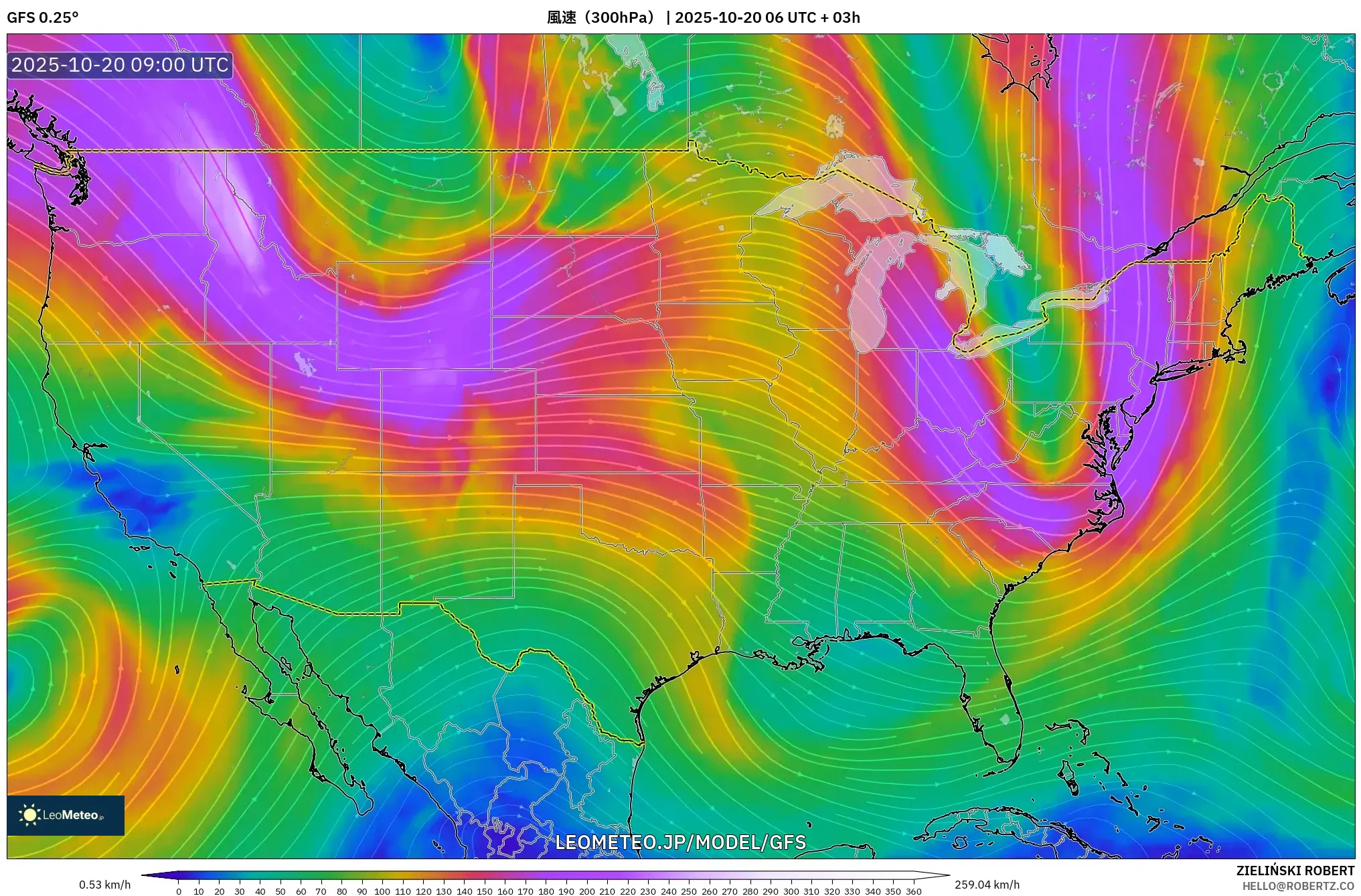 GFS model - アメリカ合衆国, 風速(300hPa) GFS model - アメリカ合衆国, 風速(300hPa)