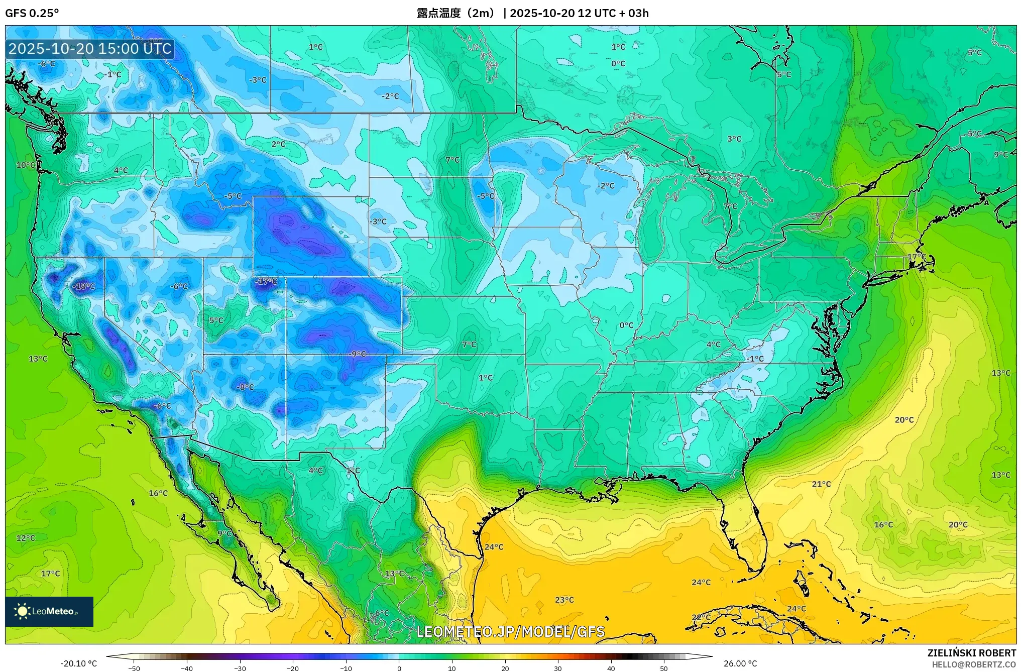 GFS model - アメリカ合衆国, 露点温度(2m) GFS model - アメリカ合衆国, 露点温度(2m)
