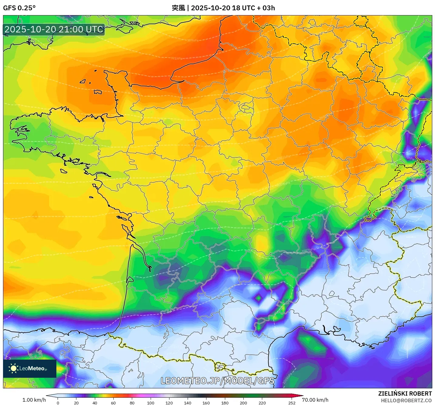 GFS model - フランス, 突風 GFS model - フランス, 突風