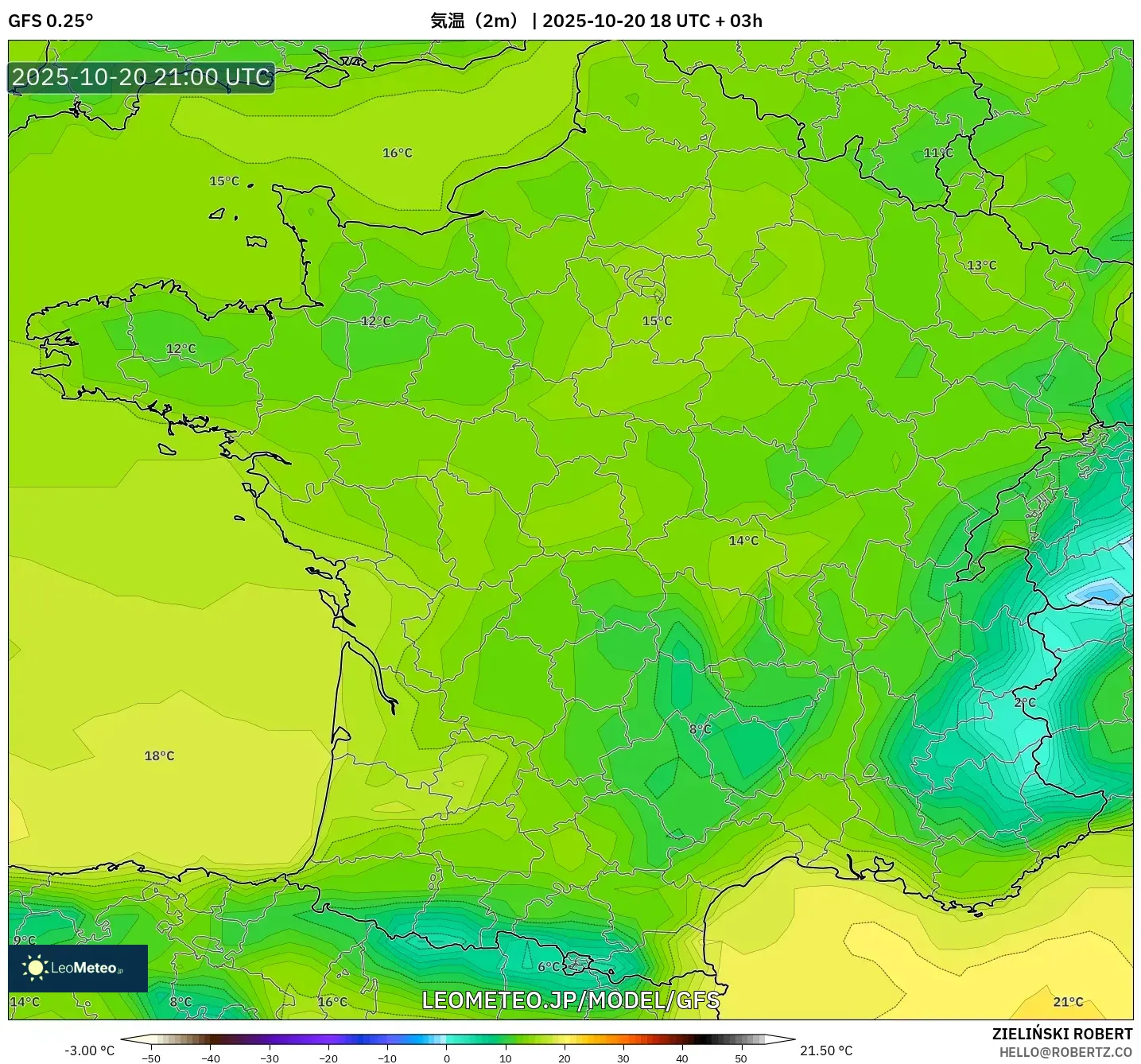 GFS model - フランス, 気温(2m) GFS model - フランス, 気温(2m)