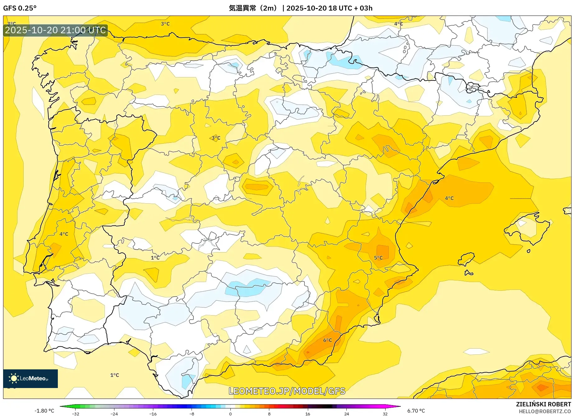 GFS model - スペイン, 気温異常(2m) GFS model - スペイン, 気温異常(2m)