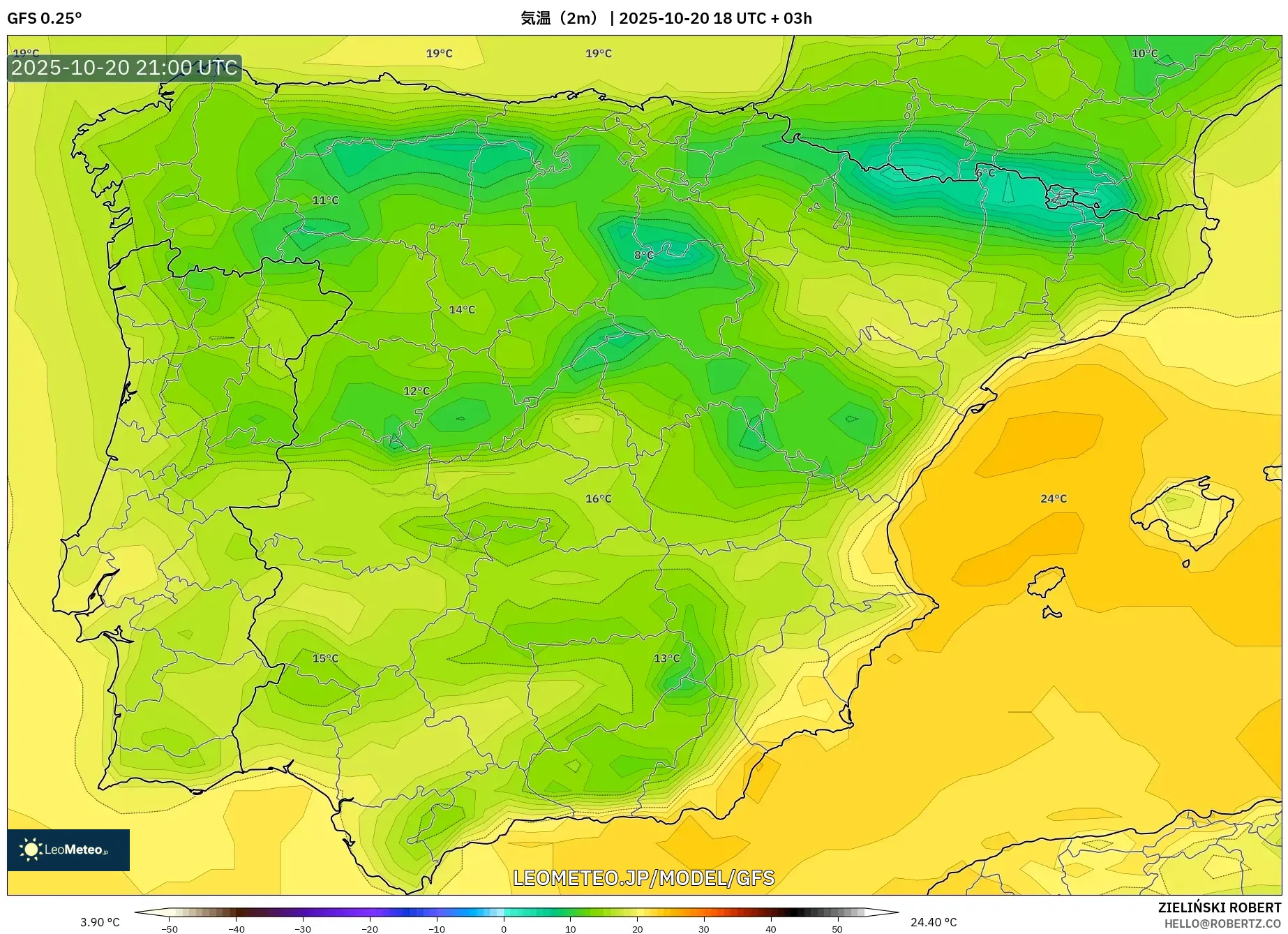 GFS model - スペイン, 気温（2m）