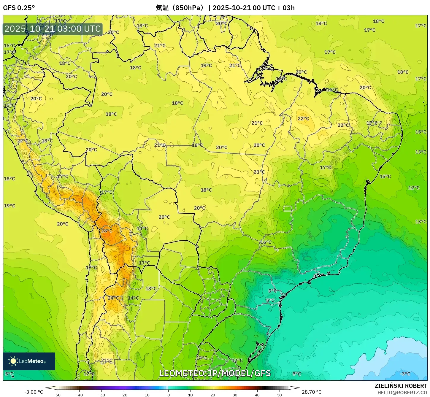 GFS model - ブラジル, 気温(850hPa) GFS model - ブラジル, 気温(850hPa)