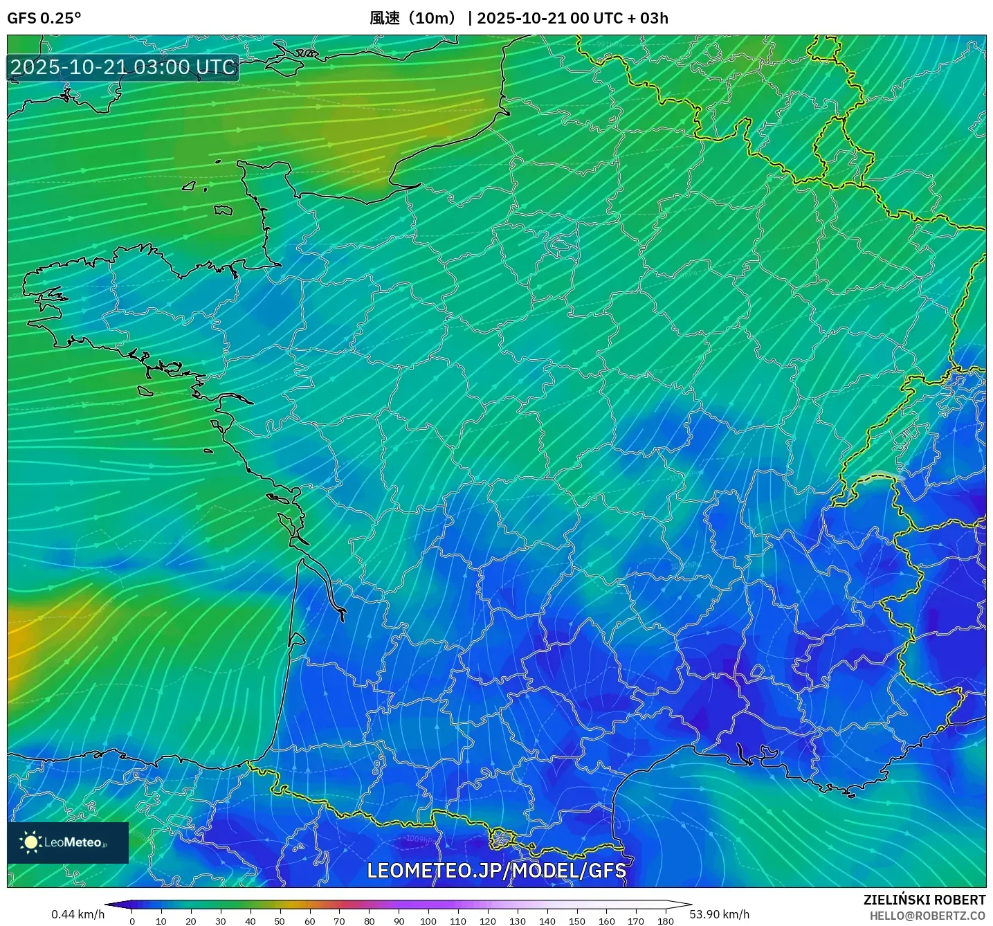 GFS model - フランス, 風速（10m）