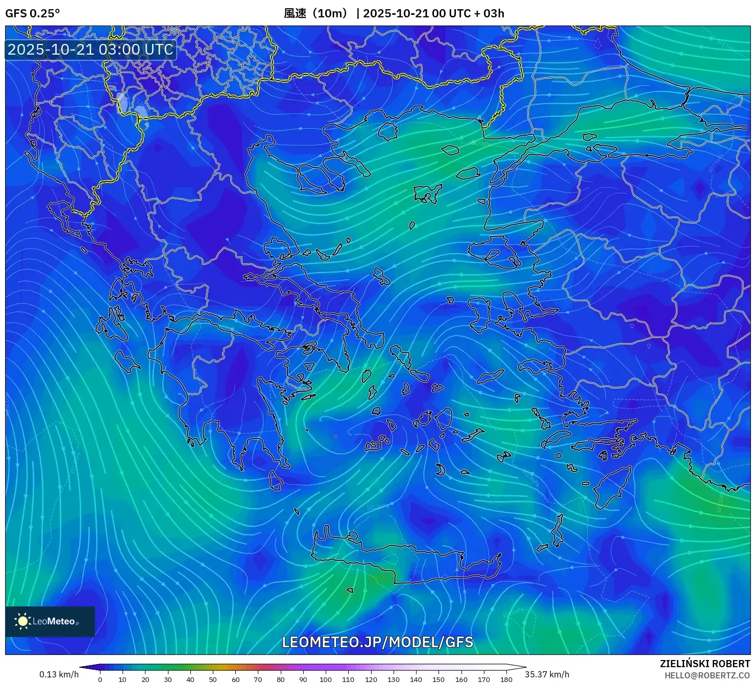GFS model - ギリシャ, 風速(10m) GFS model - ギリシャ, 風速(10m)