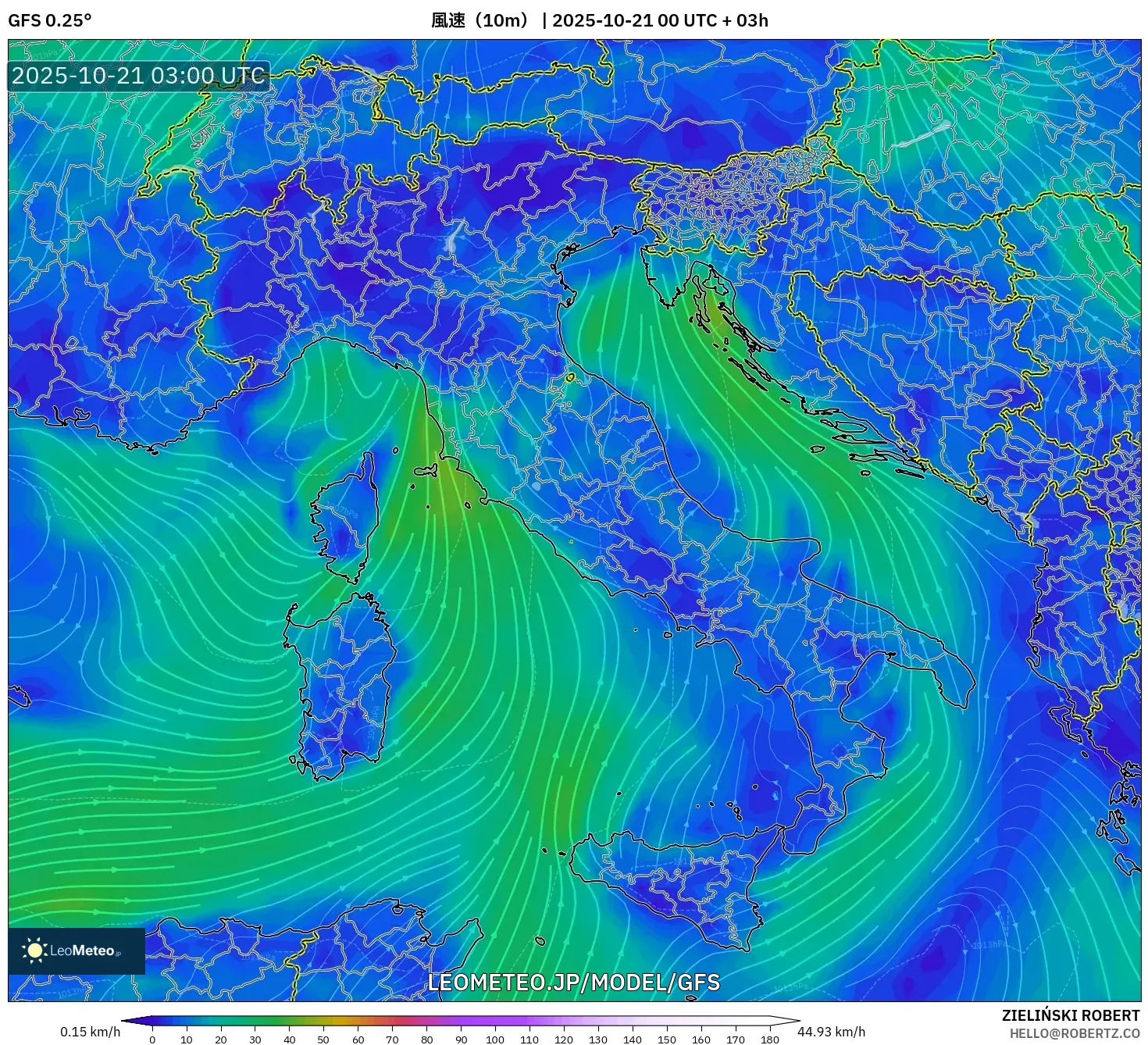 GFS model - イタリア, 風速（10m）