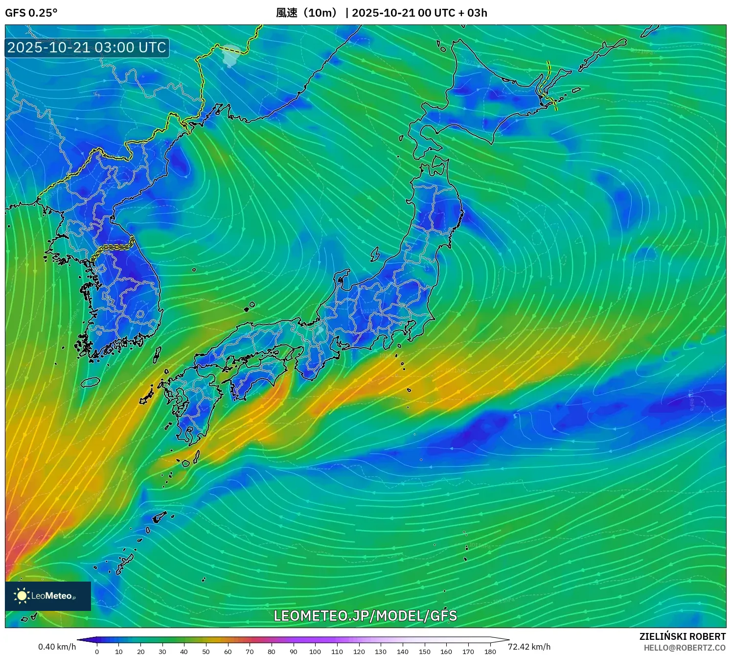 GFS model - 日本, 風速（10m）