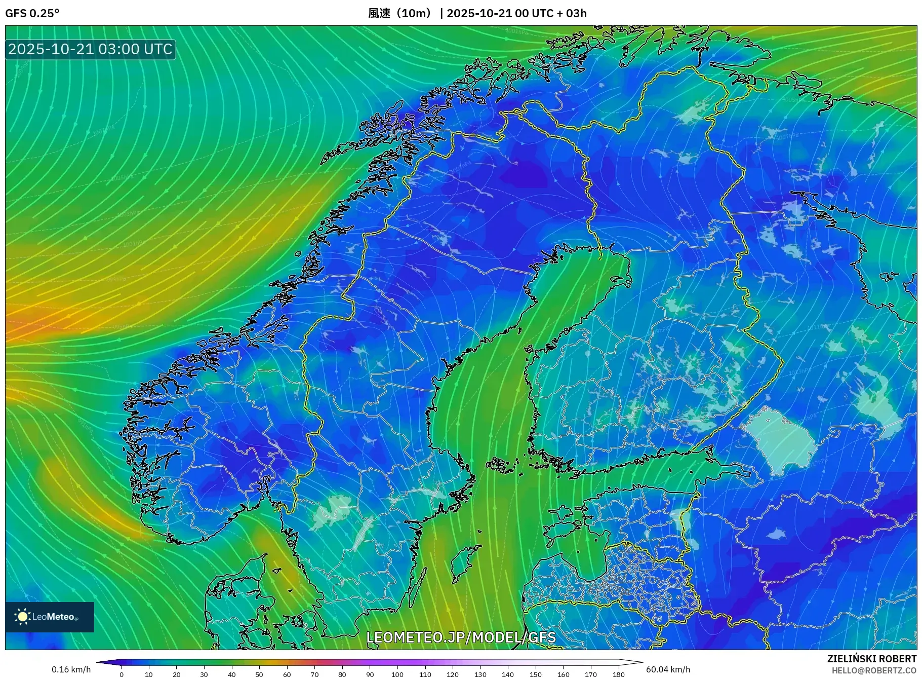 GFS model - スカンジナビア, 風速(10m) GFS model - スカンジナビア, 風速(10m)